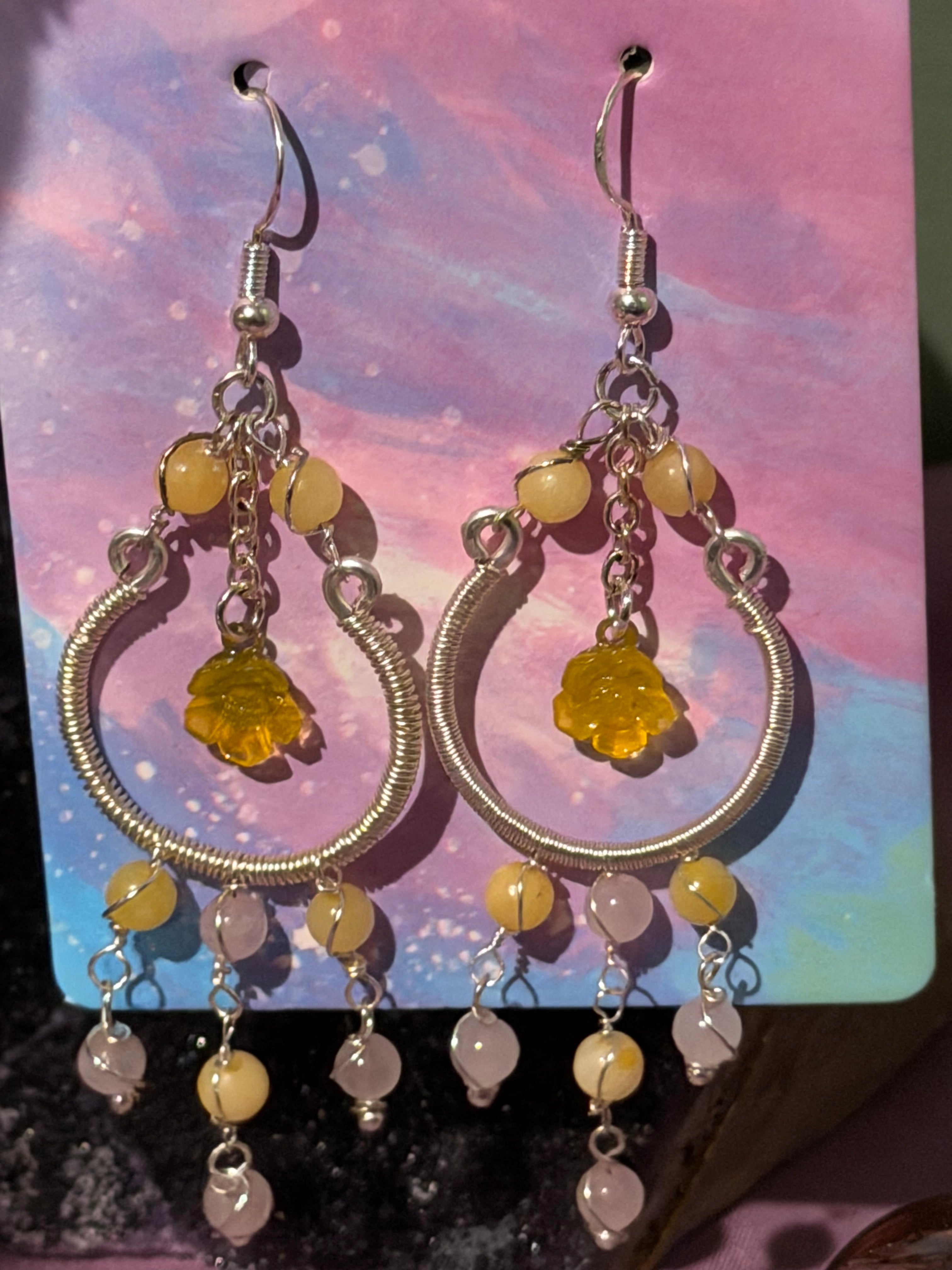 Yellow Jade & Rose Quartz yellow flower silver-tone copper wire-wrapped earrings