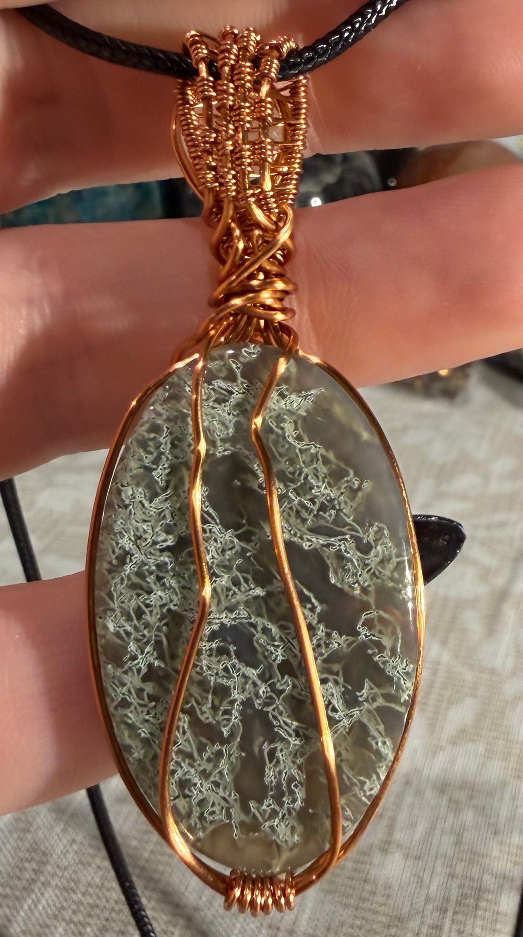 Moss Agate & Quartz copper wire-wrapped pendant