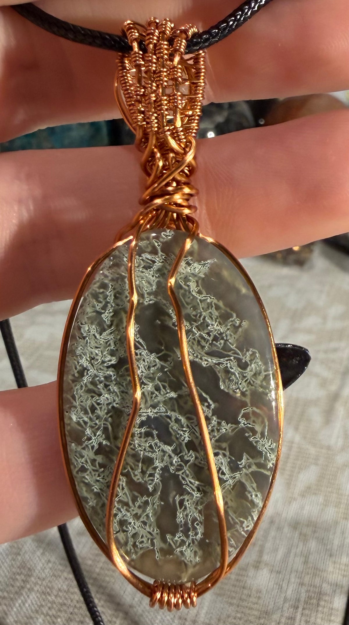 Moss Agate & Quartz copper wire-wrapped pendant