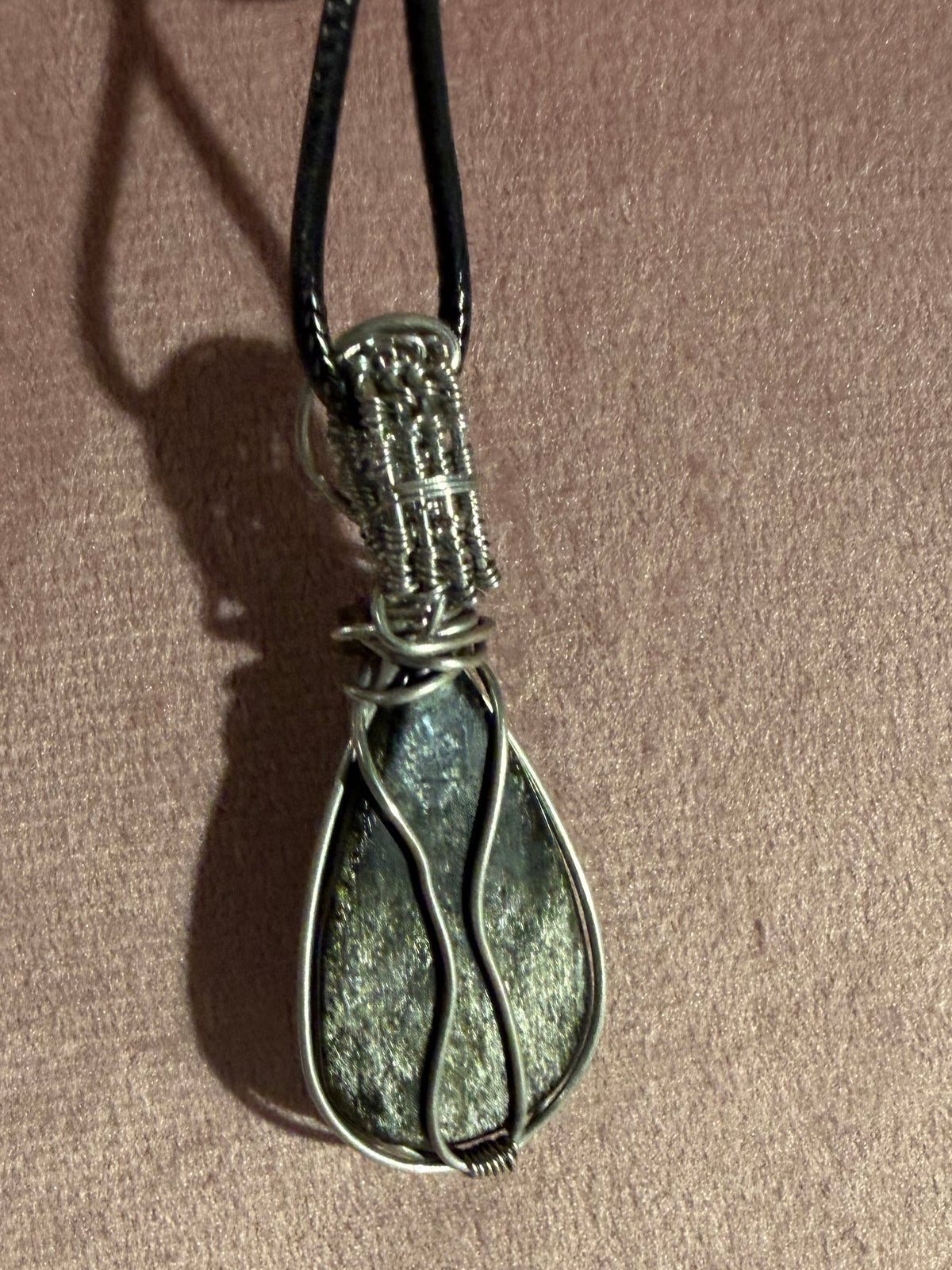 Silver-Sheen Obsidian stainless steel wire-wrapped pendant