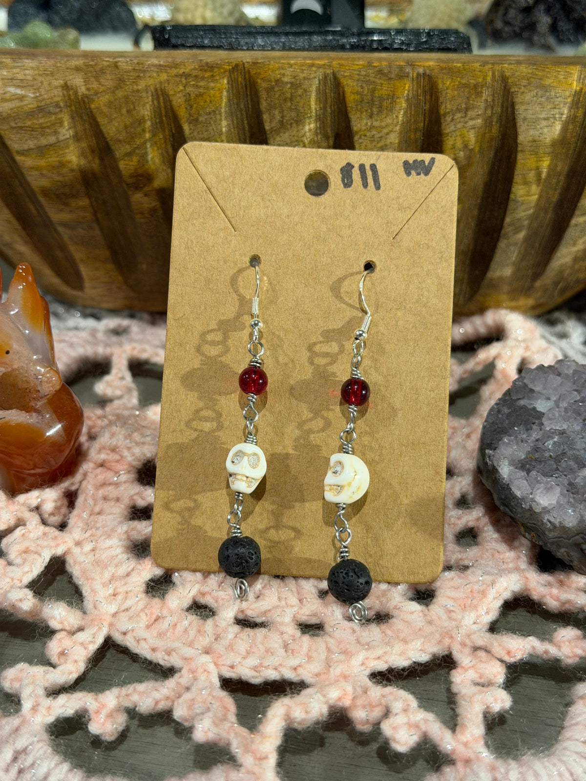 Lava stone & glass beaded skull earrings