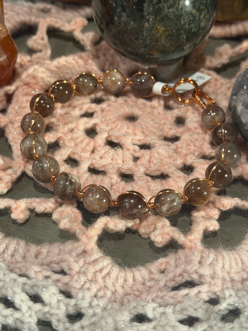 Chocolate Sunstone 8-inch copper wire-wrapped bracelet