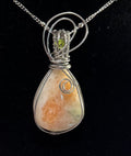 Green Apophylite w/ Peach Stilbite & Peridot stainless steel wire-wrapped pendant