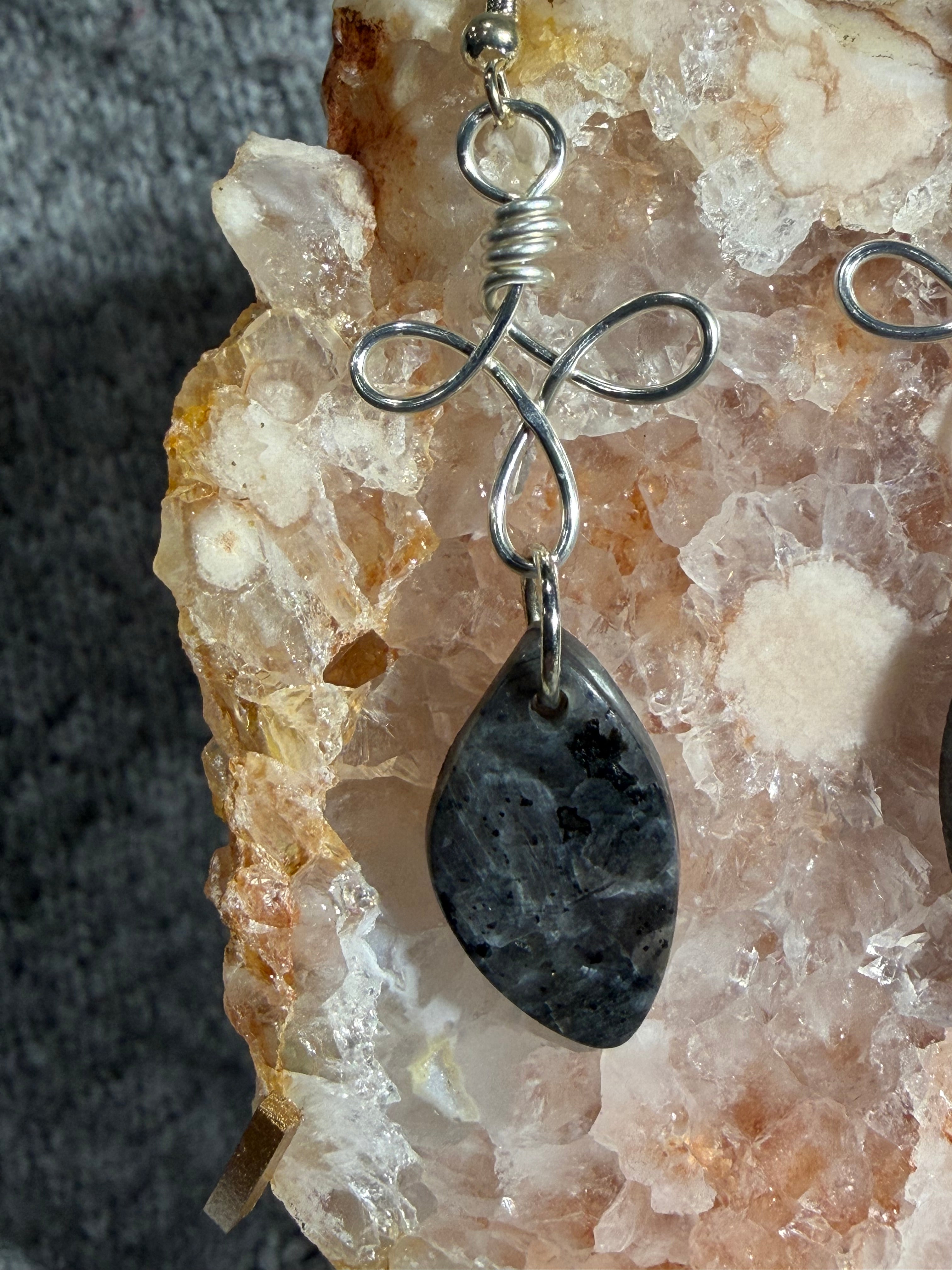 Larvikite dangle silver-tone copper wire-wrapped earrings