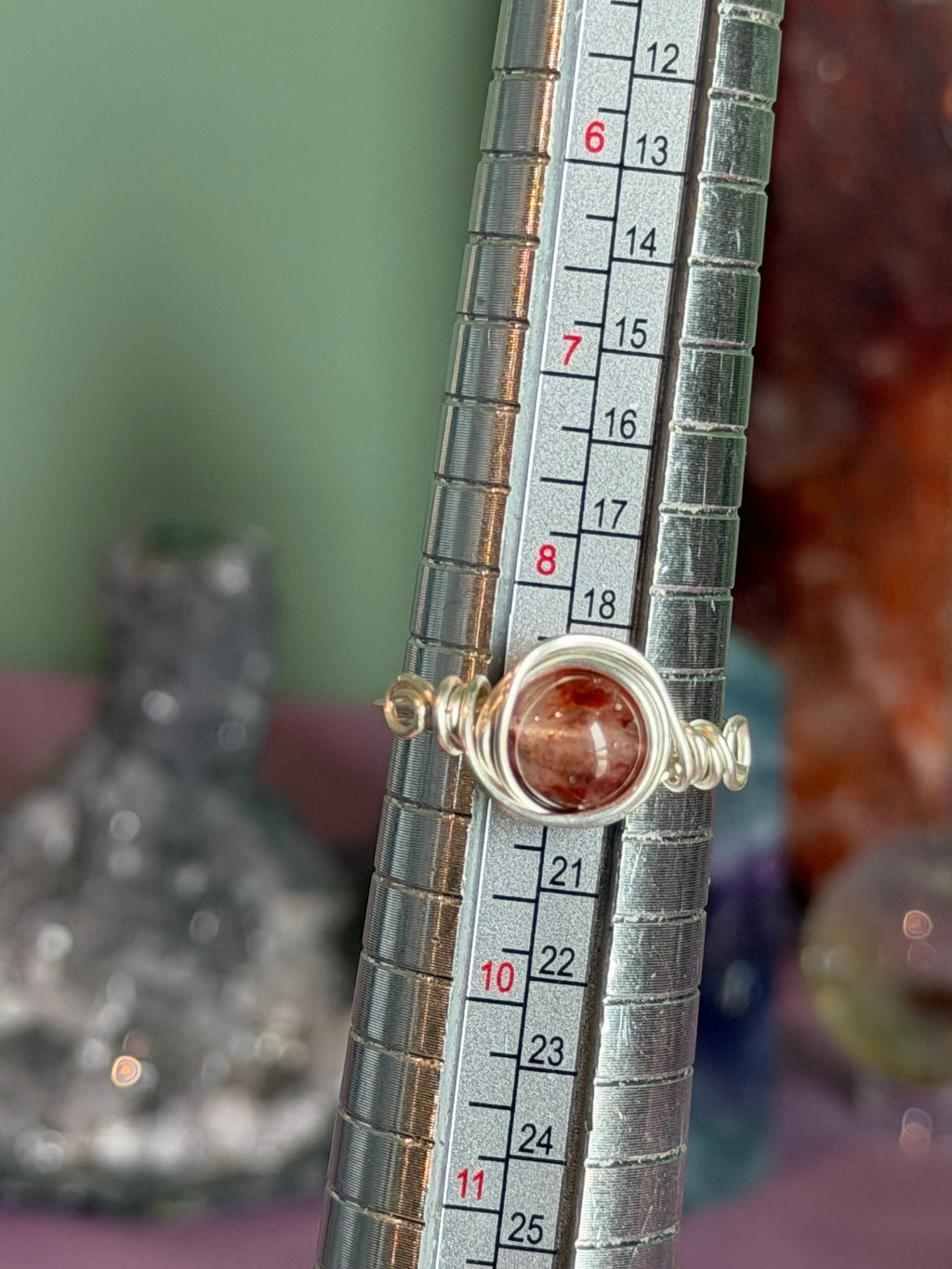 Fire Quartz size 9 silver-tone copper wire-wrapped ring