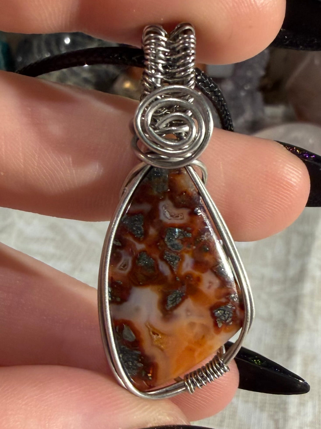 Red Marcasite stainless steel wire-wrapped pendant