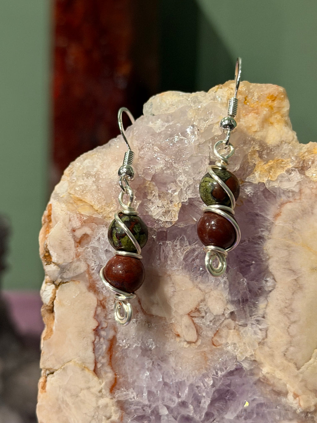 Double Dragon Stone silver-tone copper wire-wrapped earrings
