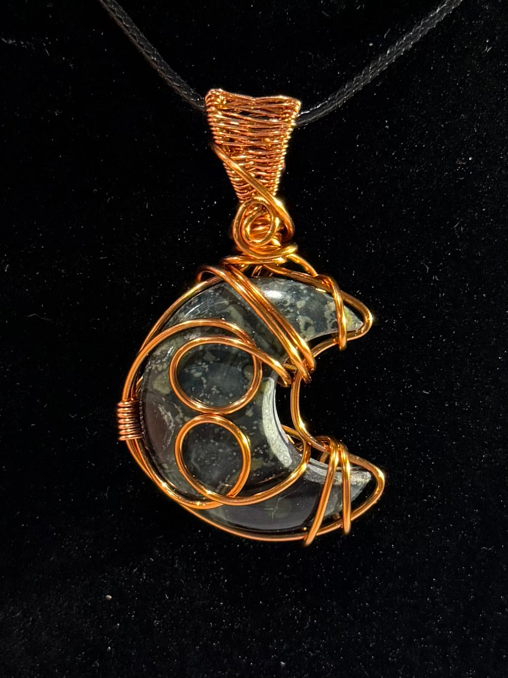 Kambaba Jasper moon copper wire-wrapped pendant