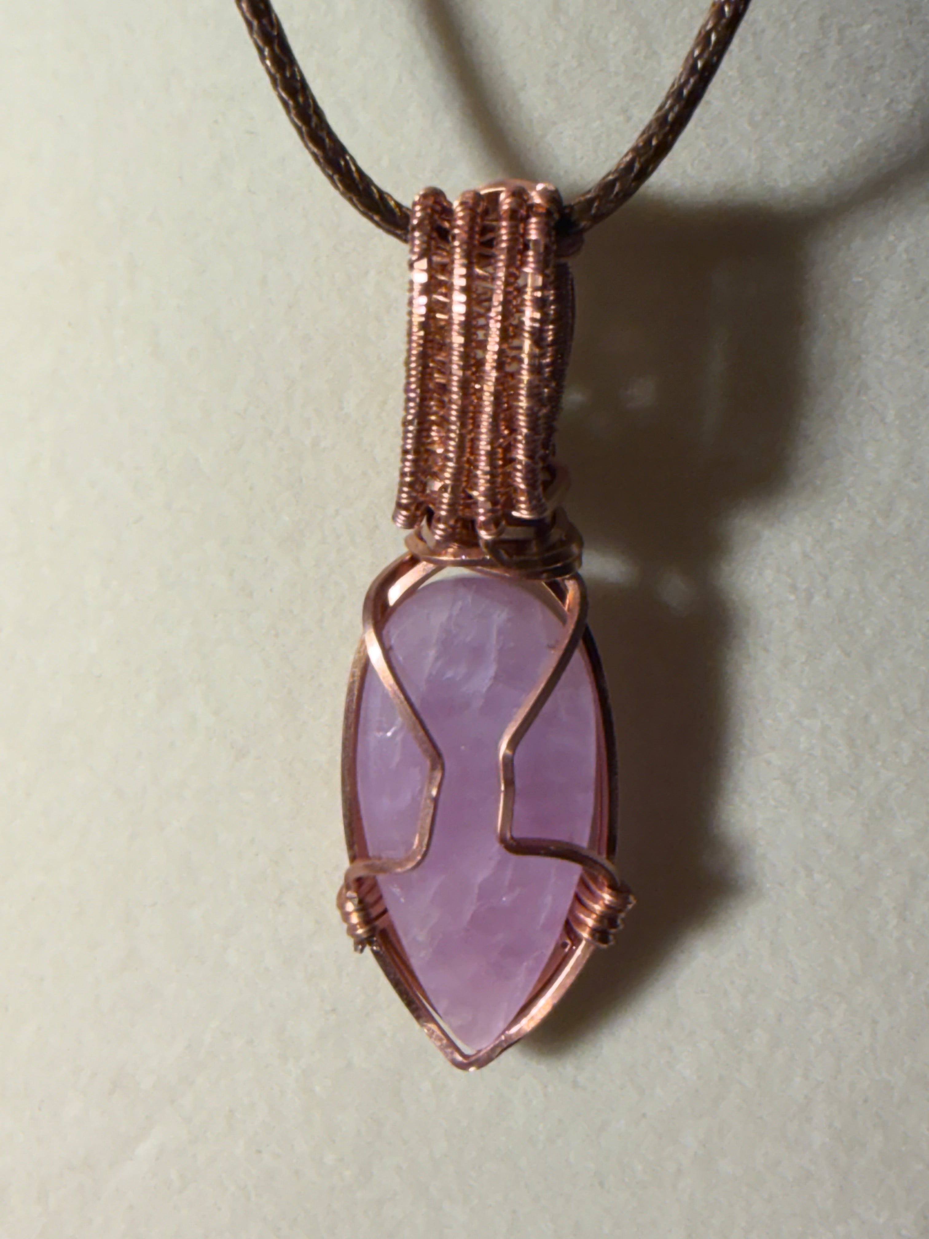 Kunzite & Rose Quartz copper wire-wrapped pendant