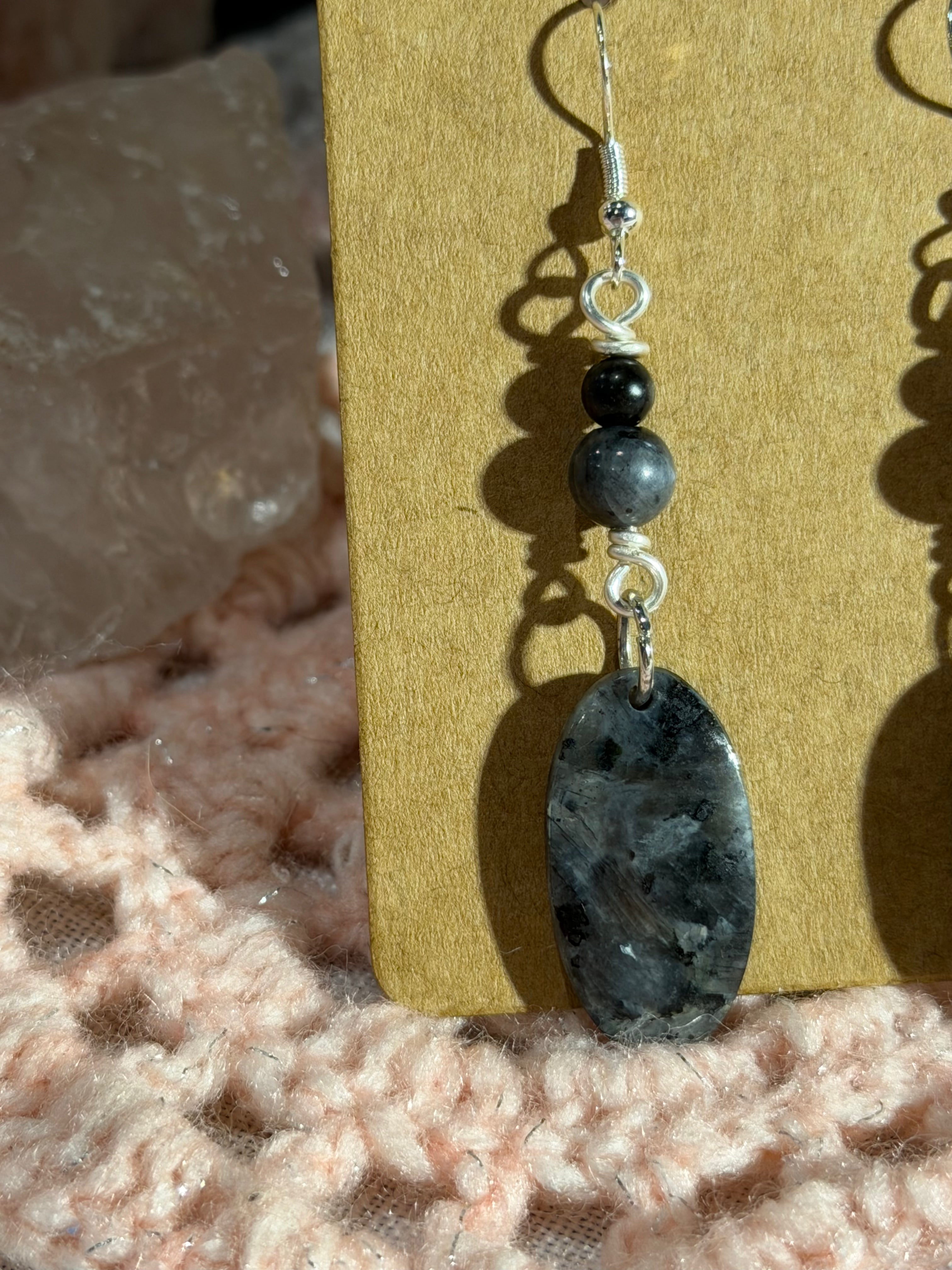 Larvikite & Black Agate dangle earrings