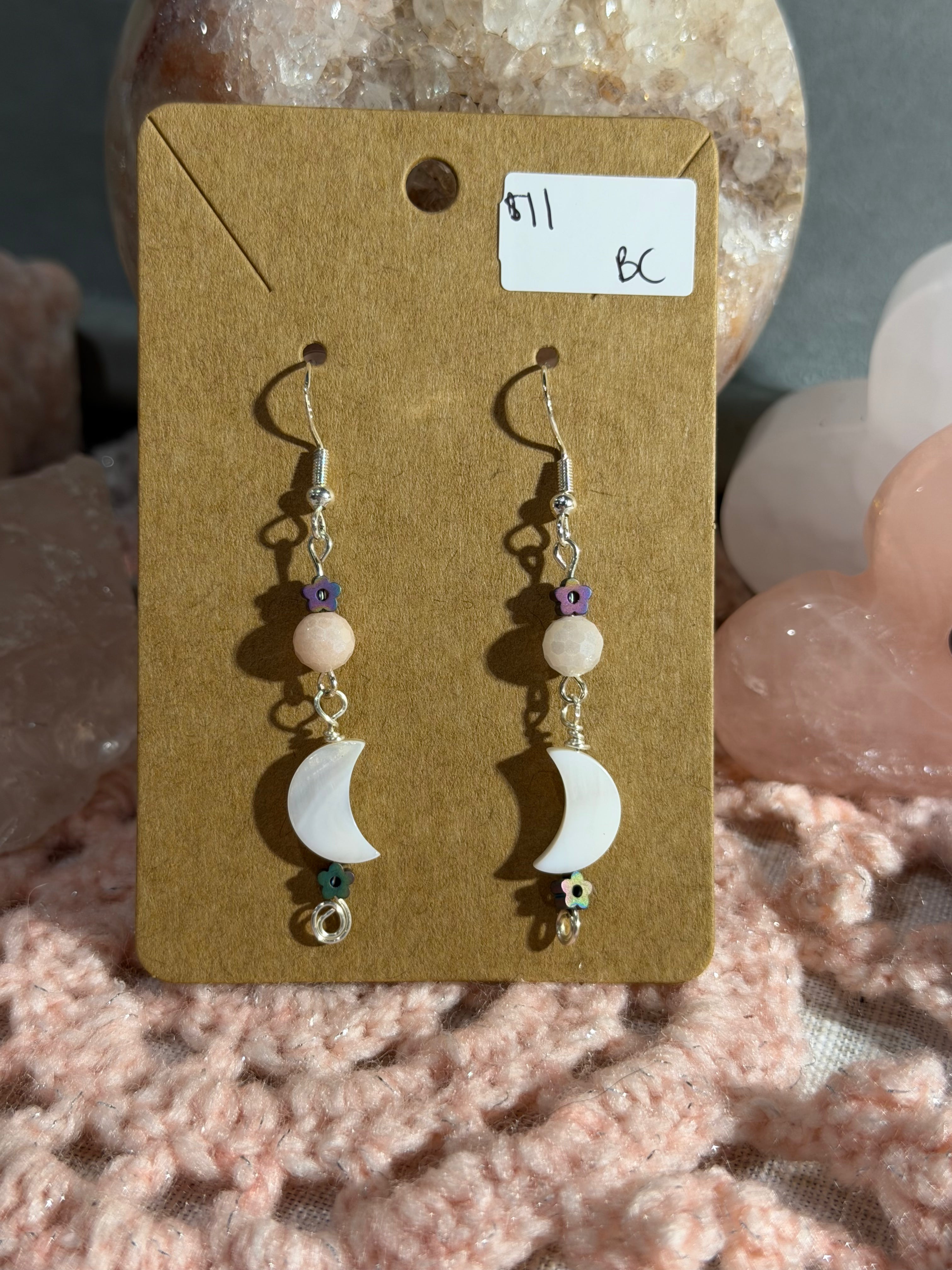 Shell moons with mystic-coated pink opal dangle earrings