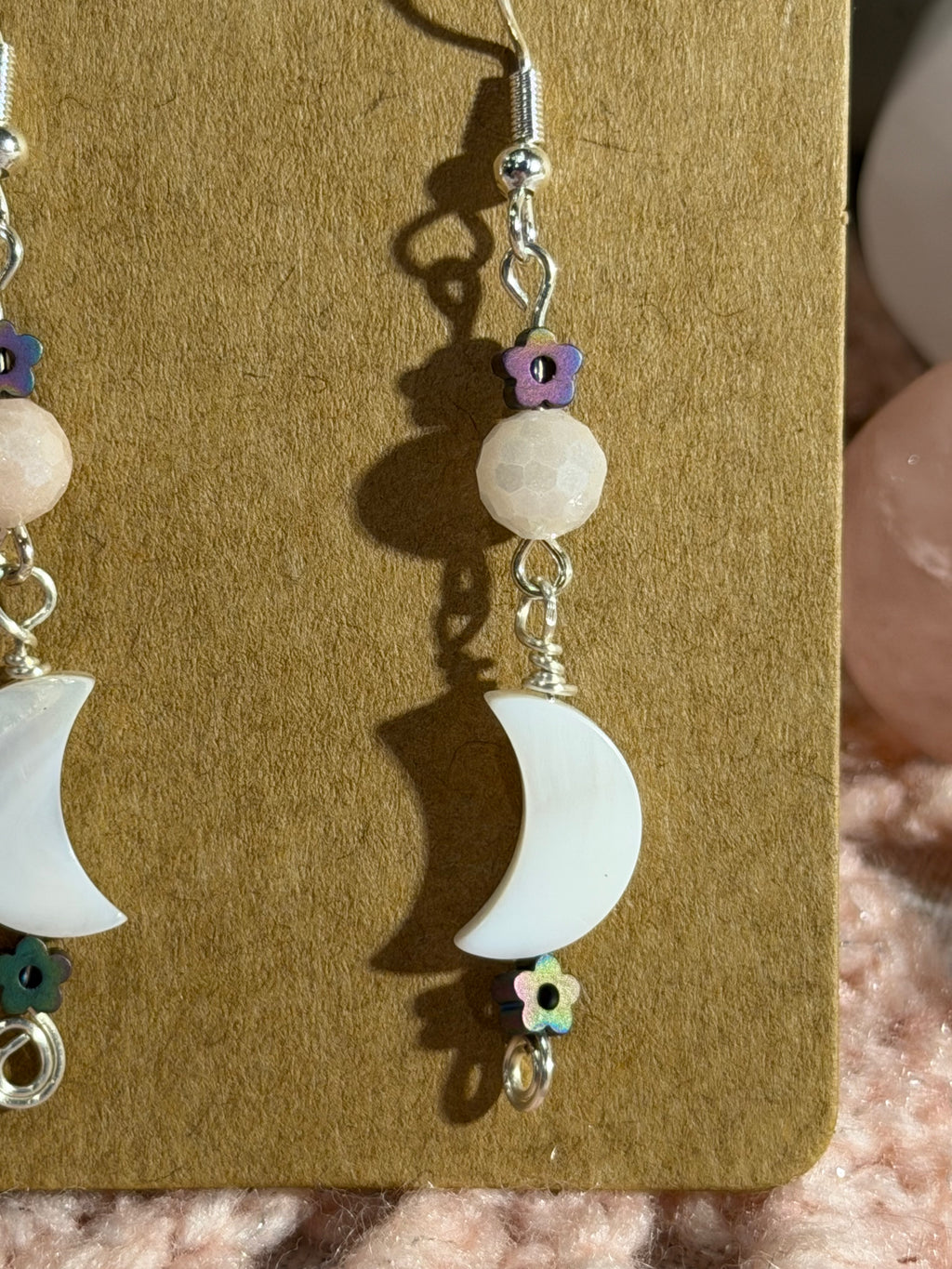 Shell moons with mystic-coated pink opal dangle earrings