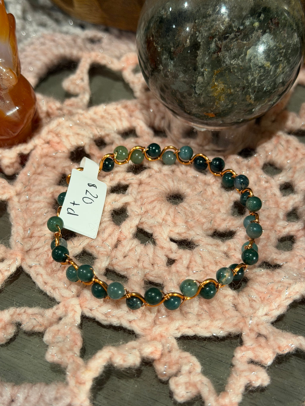 Moss Agate 5.5-inch copper wire-wrapped bracelet