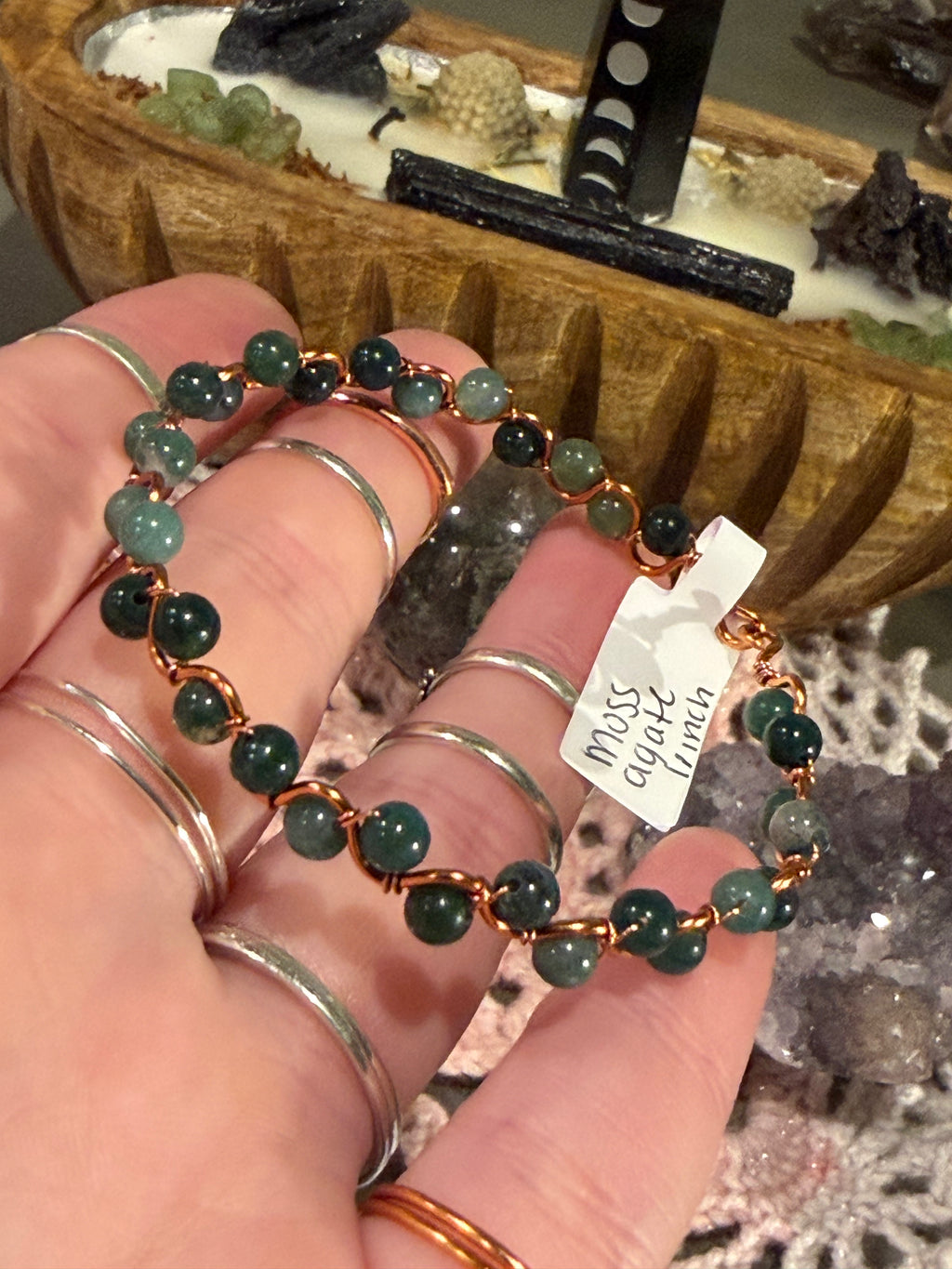 Moss Agate 5.5-inch copper wire-wrapped bracelet