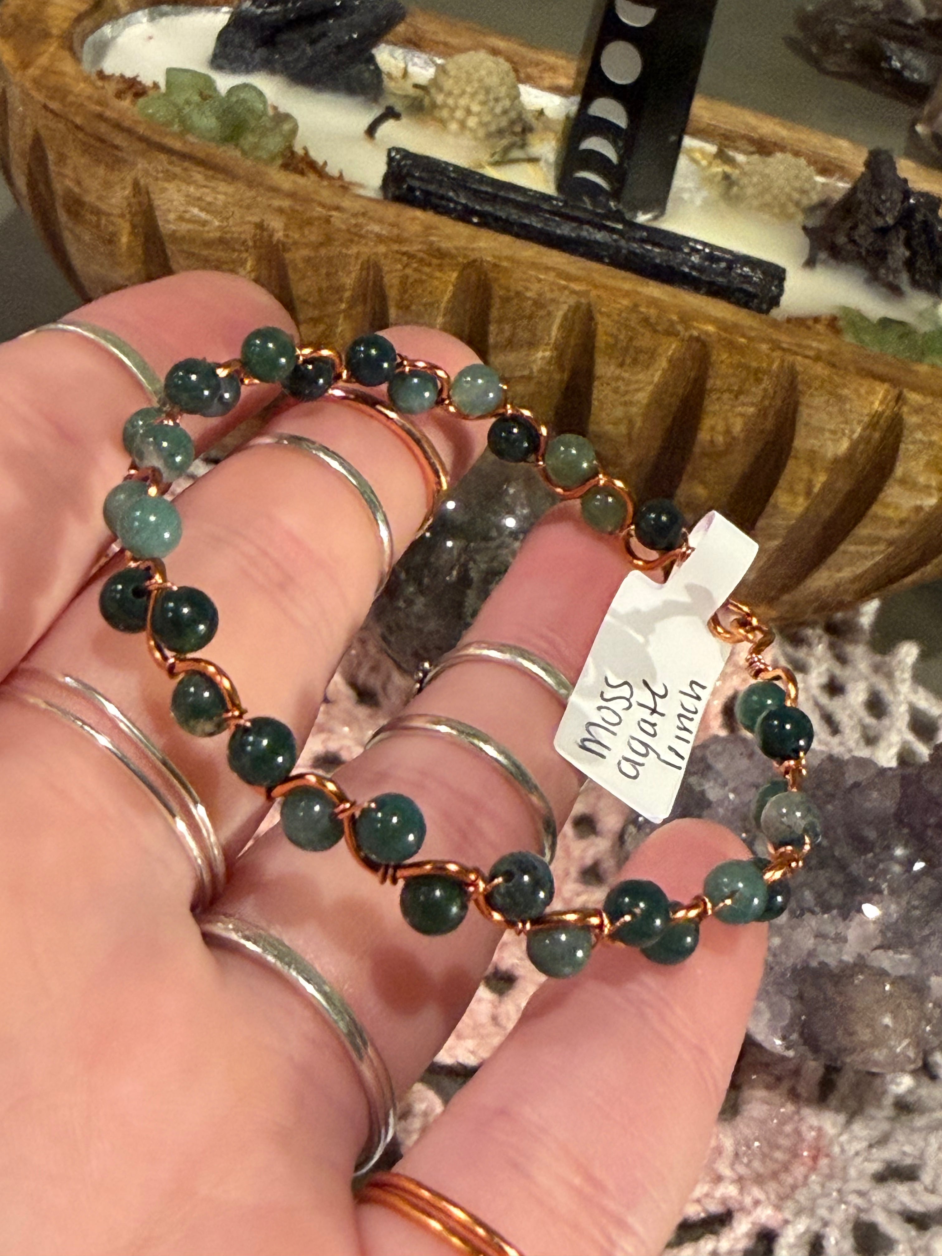 Moss Agate 5.5-inch copper wire-wrapped bracelet