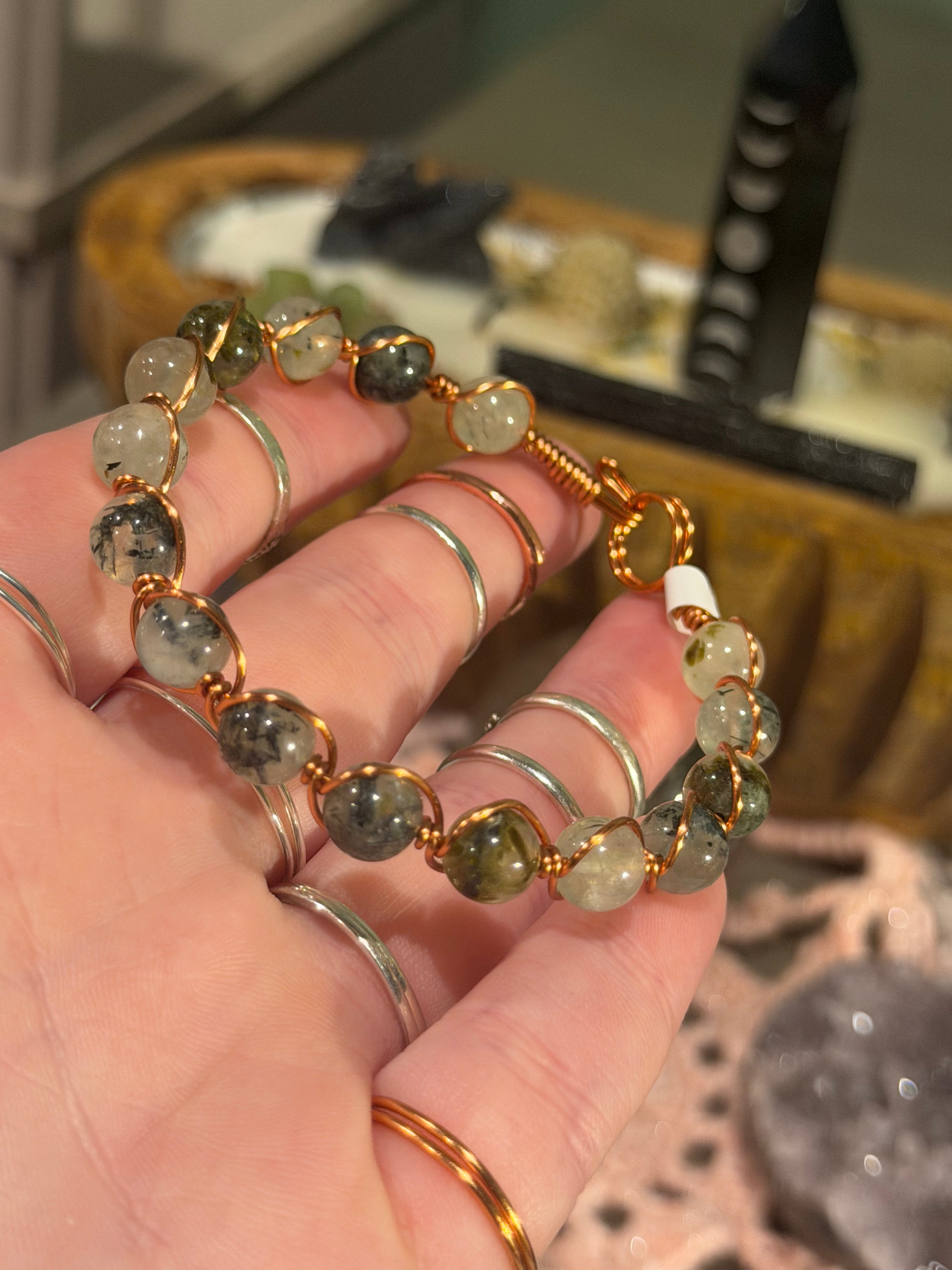 Prehnite 7-inch copper wire-wrapped bracelet