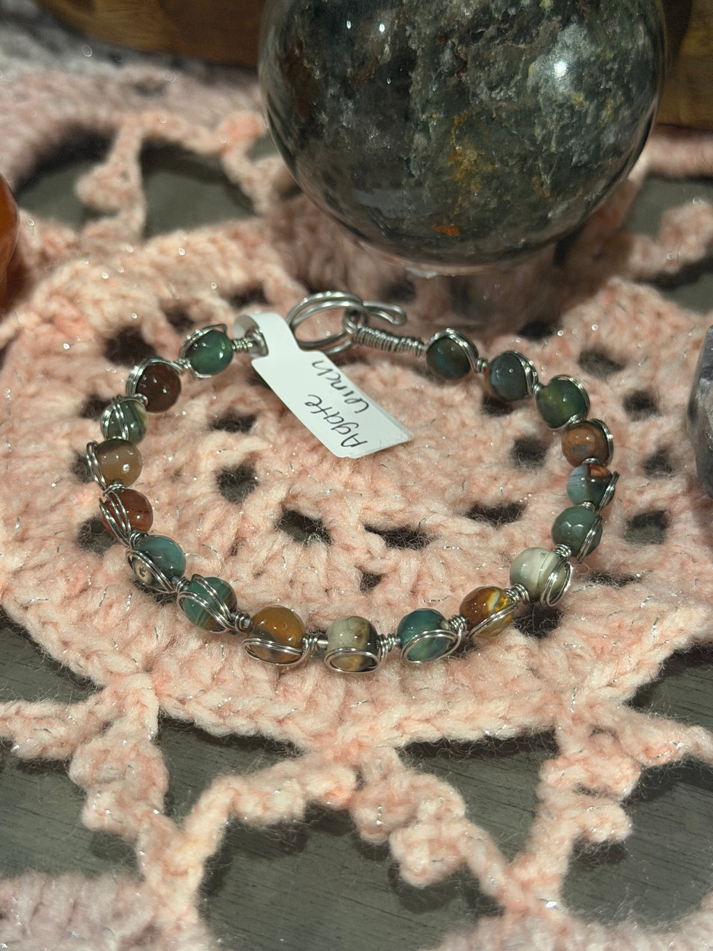 Agate 6-inch stainless steel wire-wrapped bracelet