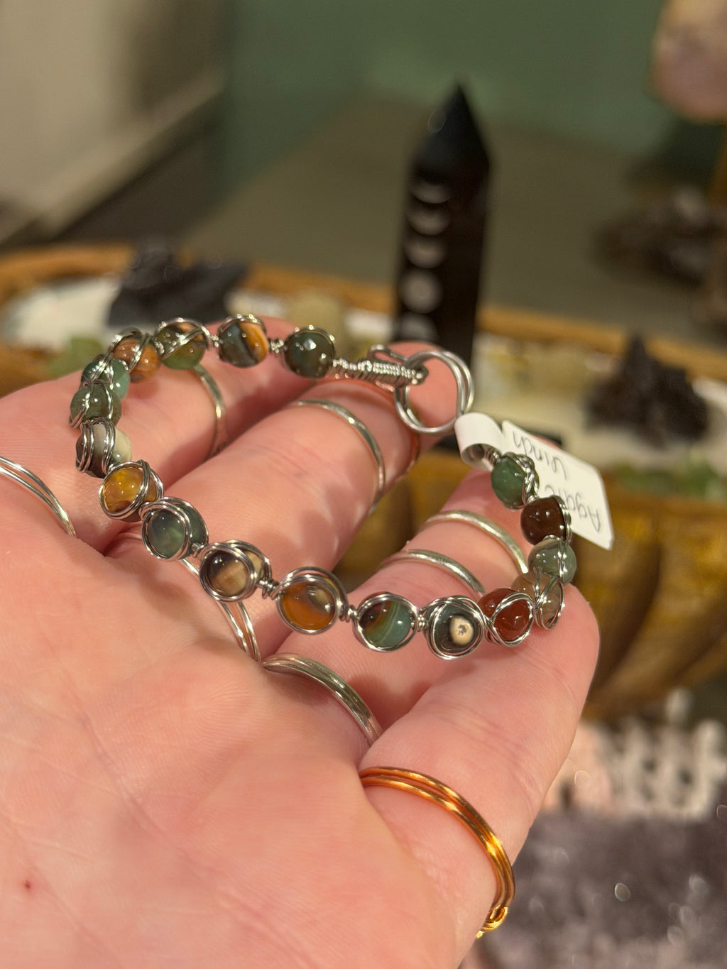 Agate 6-inch stainless steel wire-wrapped bracelet