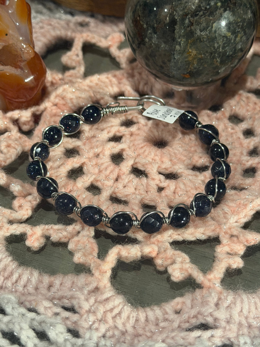 Blue Sandstone 7-inch stainless steel wire-wrapped bracelet