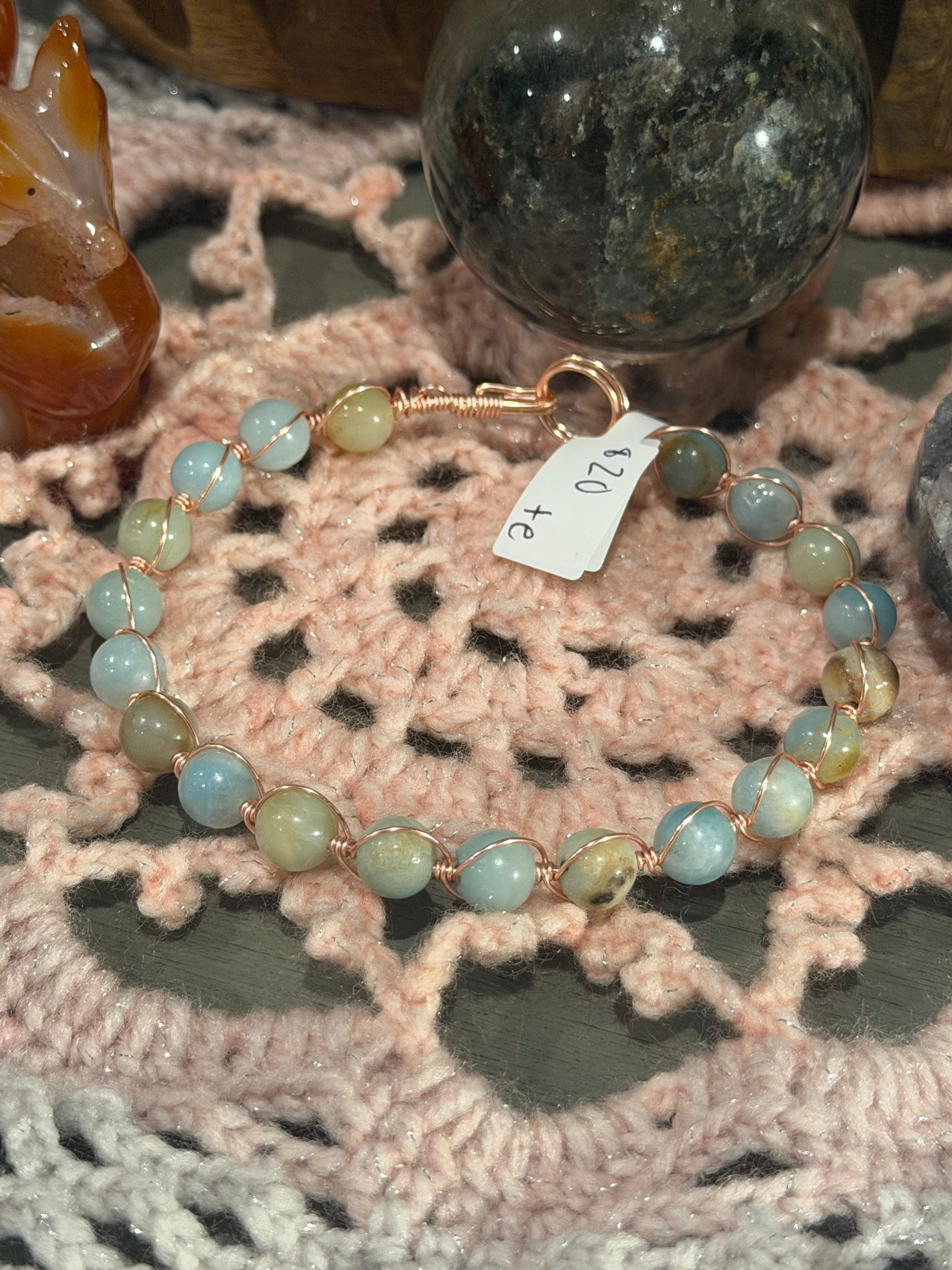 Amazonite 8.25-inch rose gold colored copper wire-wrapped bracelet