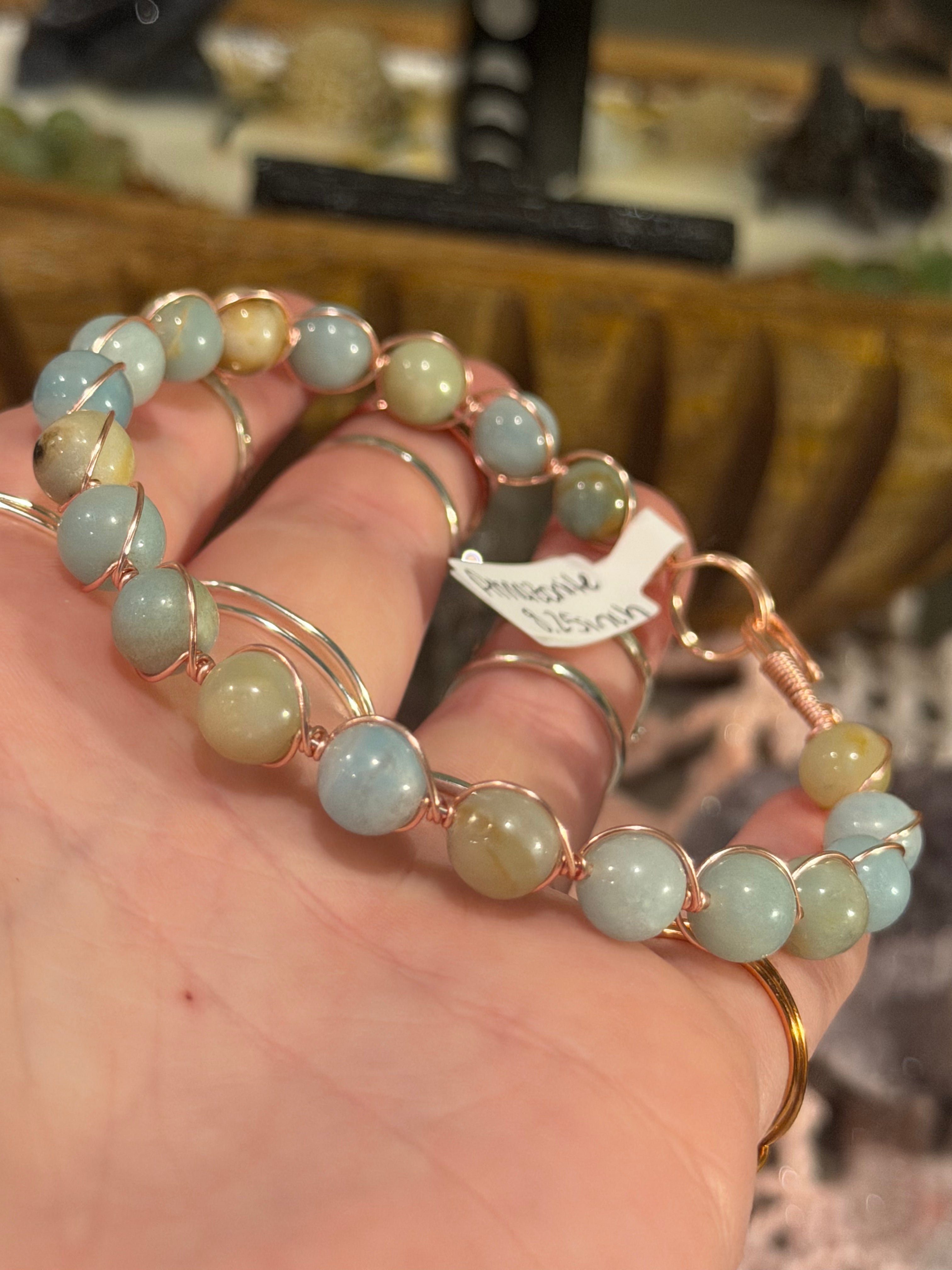 Amazonite 8.25-inch rose gold colored copper wire-wrapped bracelet