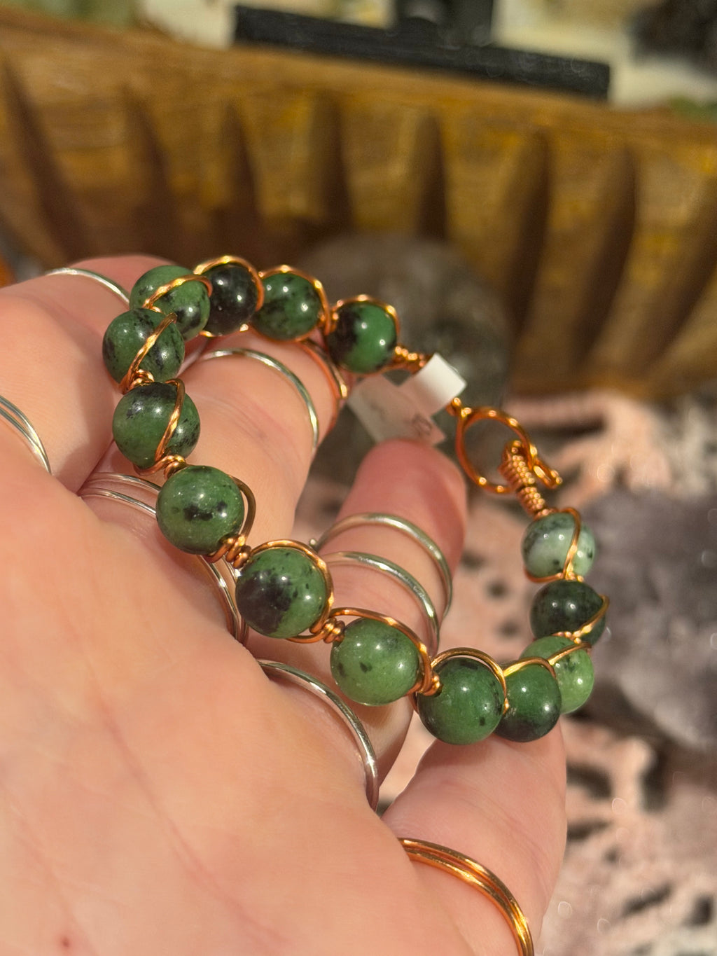 Zoisite 6-inch copper wire-wrapped bracelet