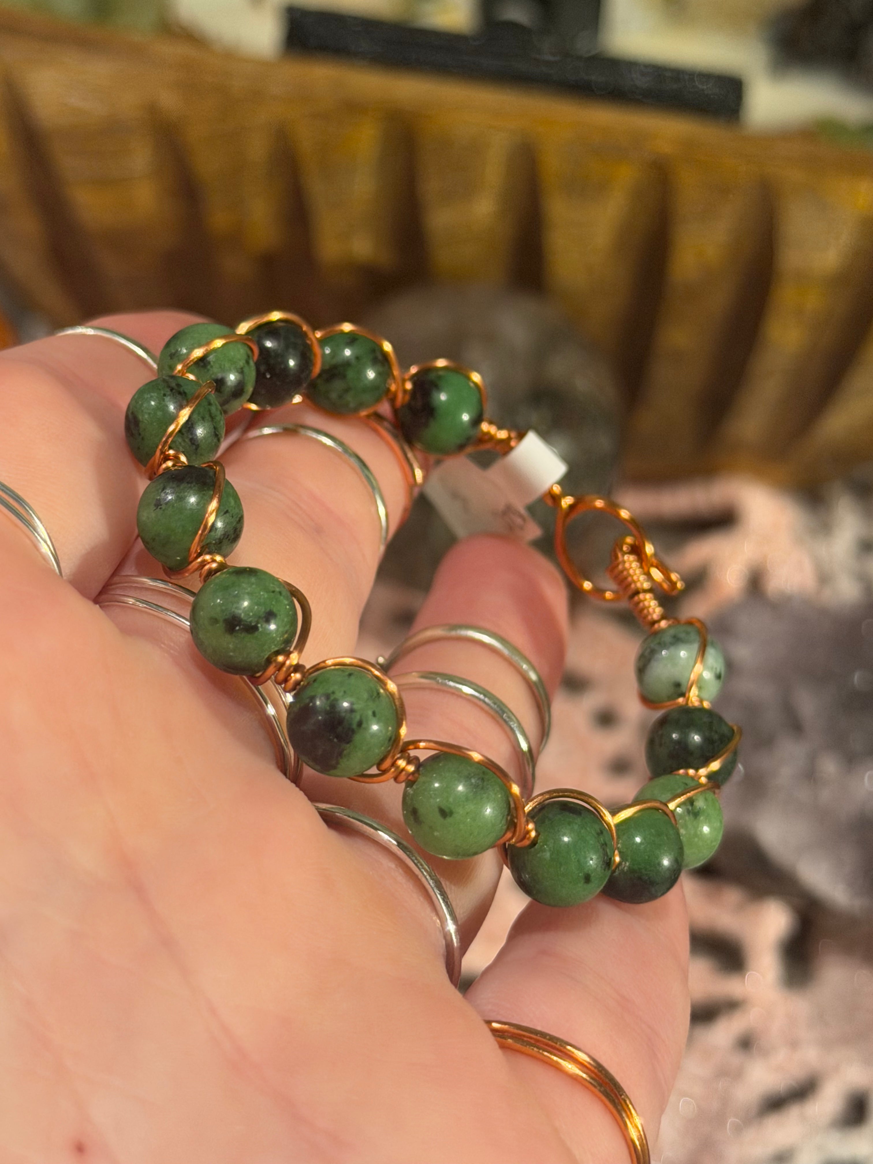 Zoisite 6-inch copper wire-wrapped bracelet
