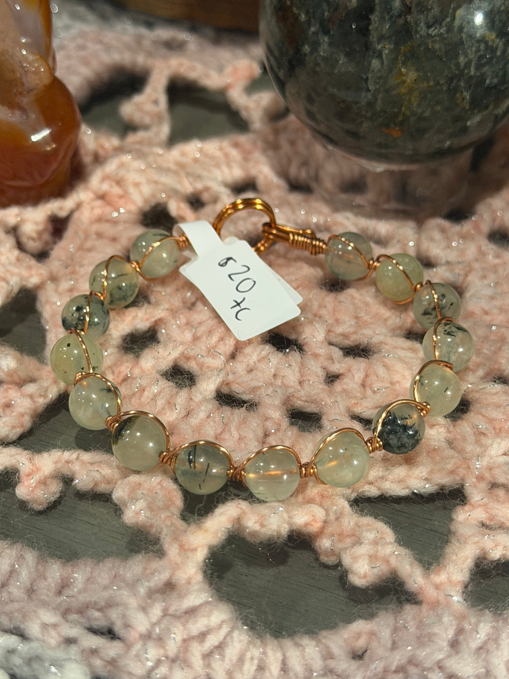 Prehnite 6-inch copper wire-wrapped bracelet