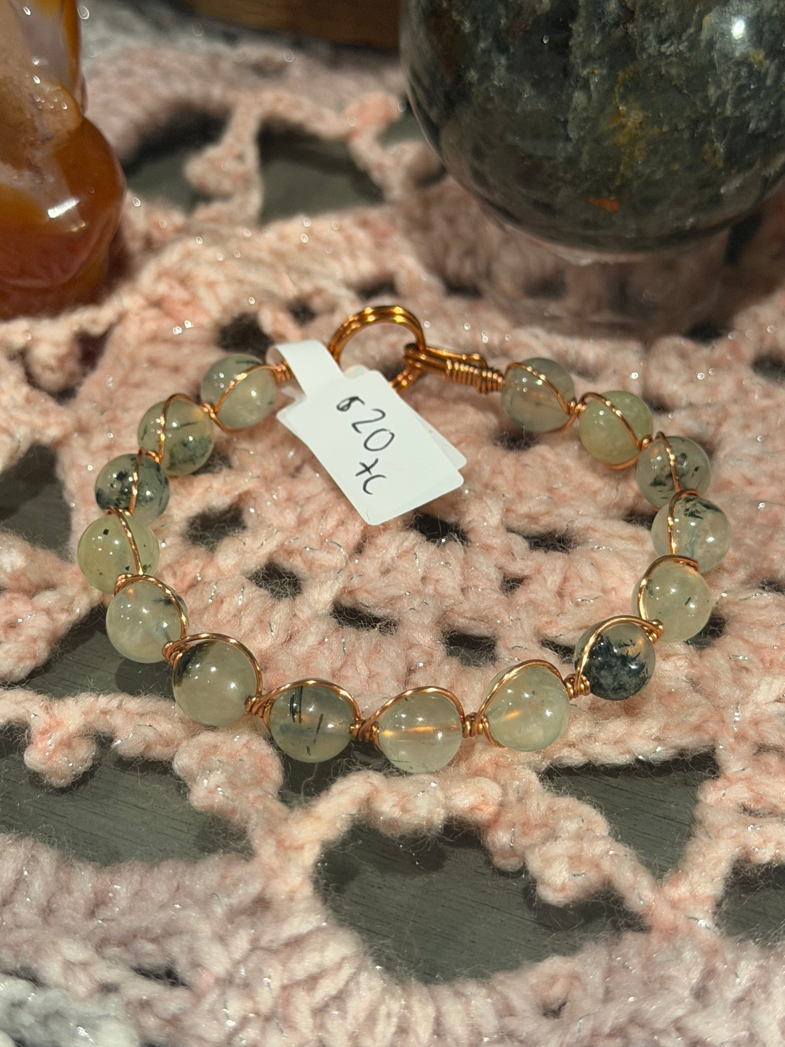 Prehnite 6-inch copper wire-wrapped bracelet