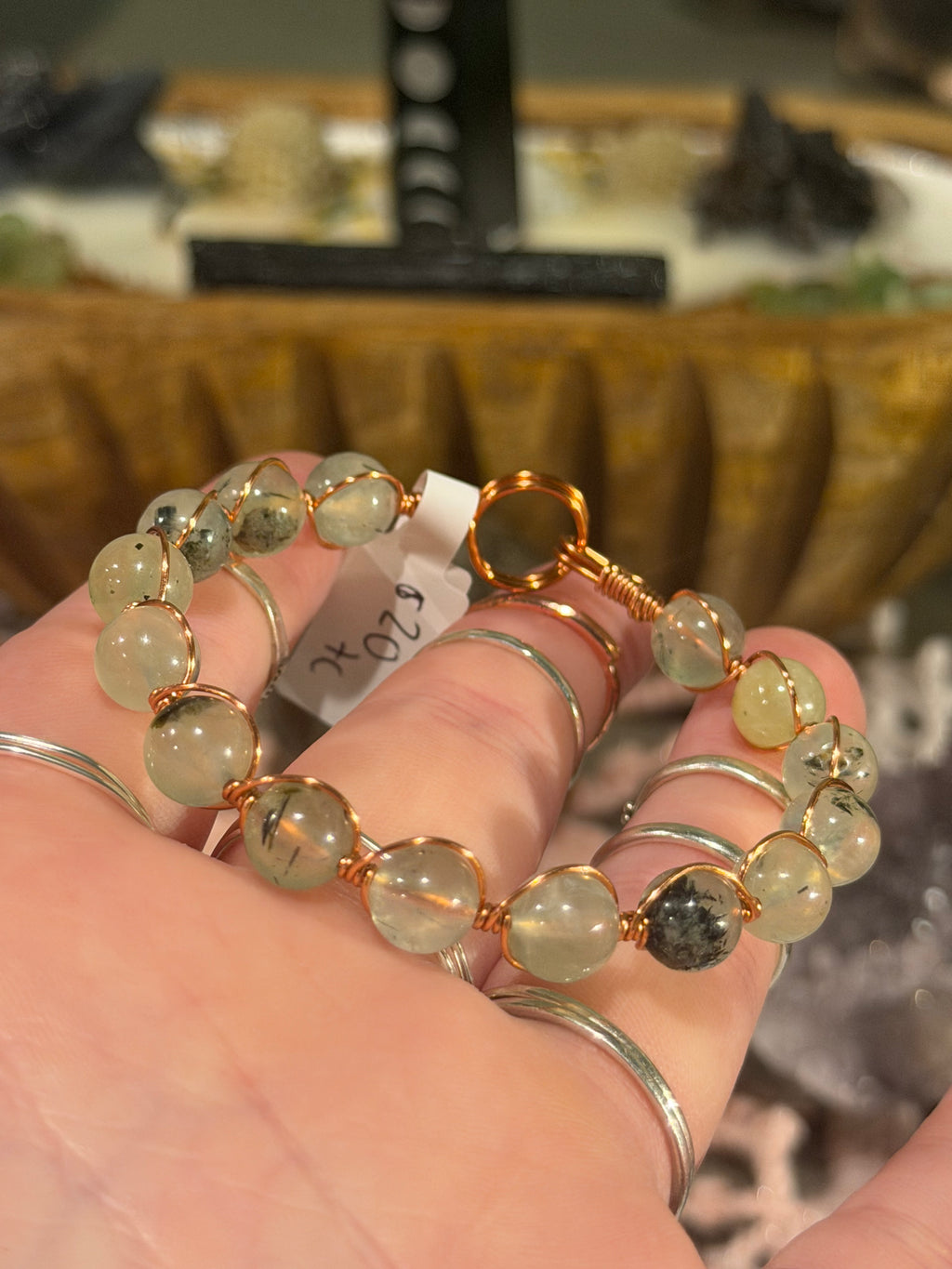Prehnite 6-inch copper wire-wrapped bracelet