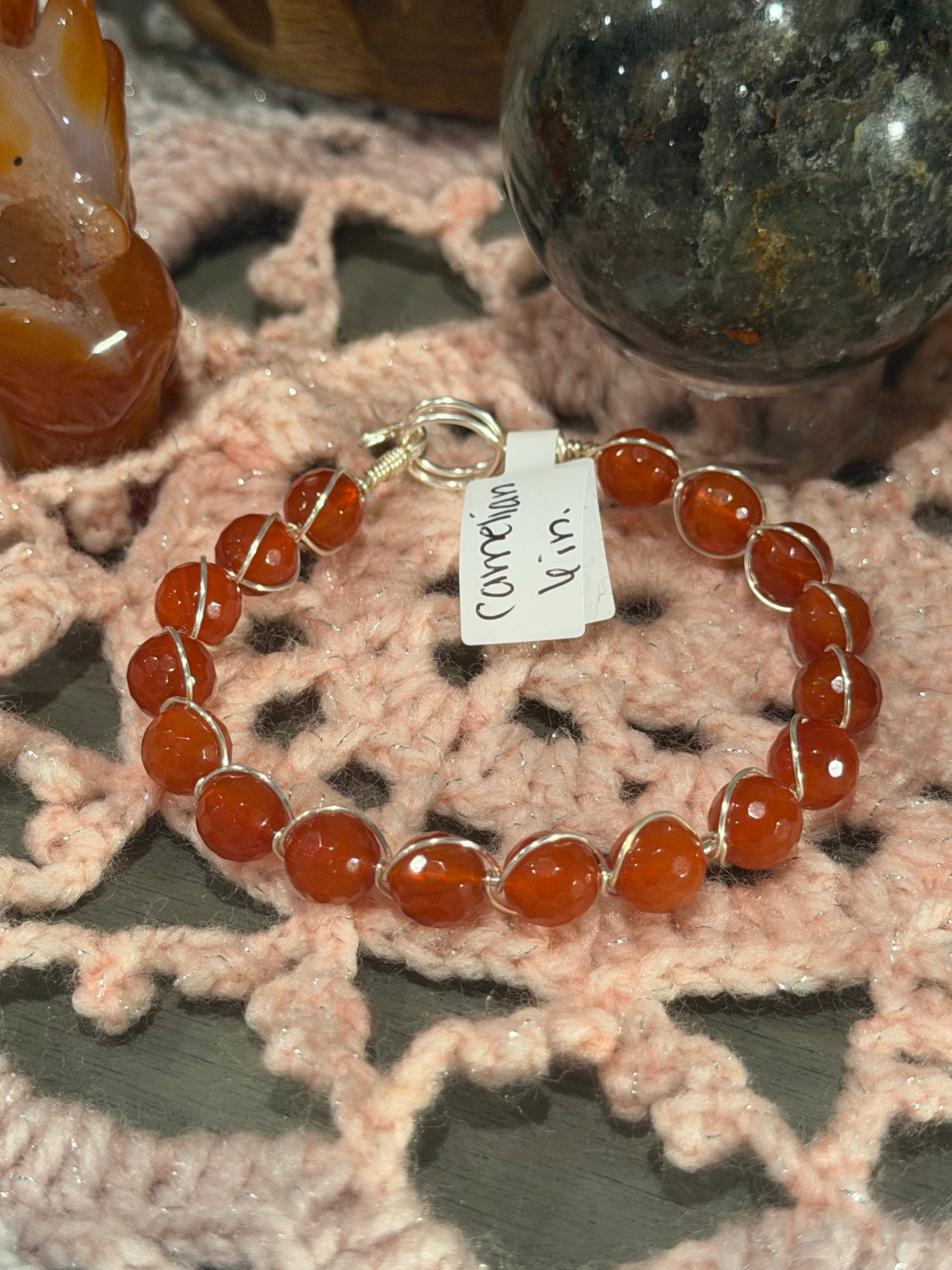 Carnelian 6-inch silver-tone copper wire-wrapped bracelet