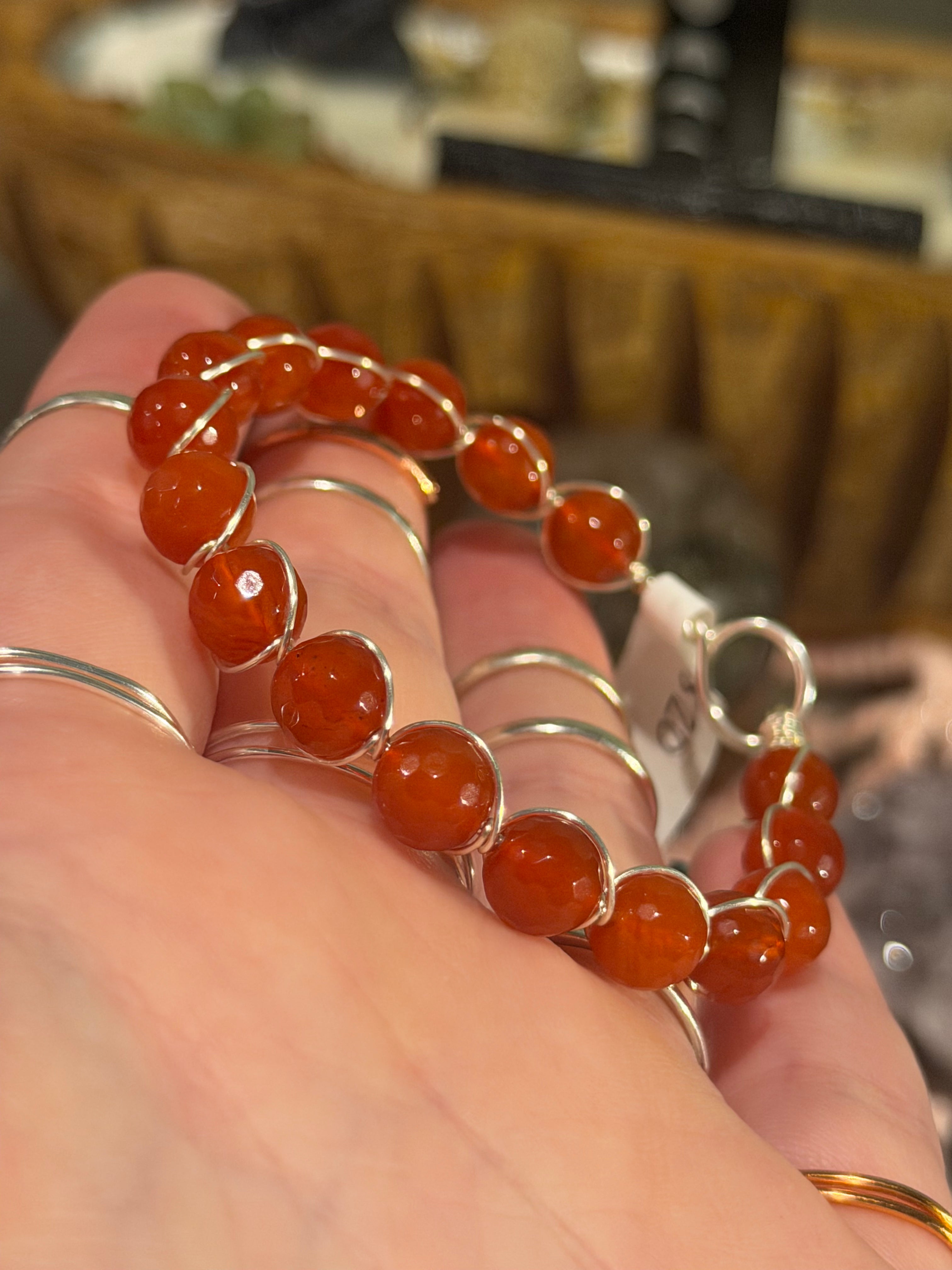 Carnelian 6-inch silver-tone copper wire-wrapped bracelet