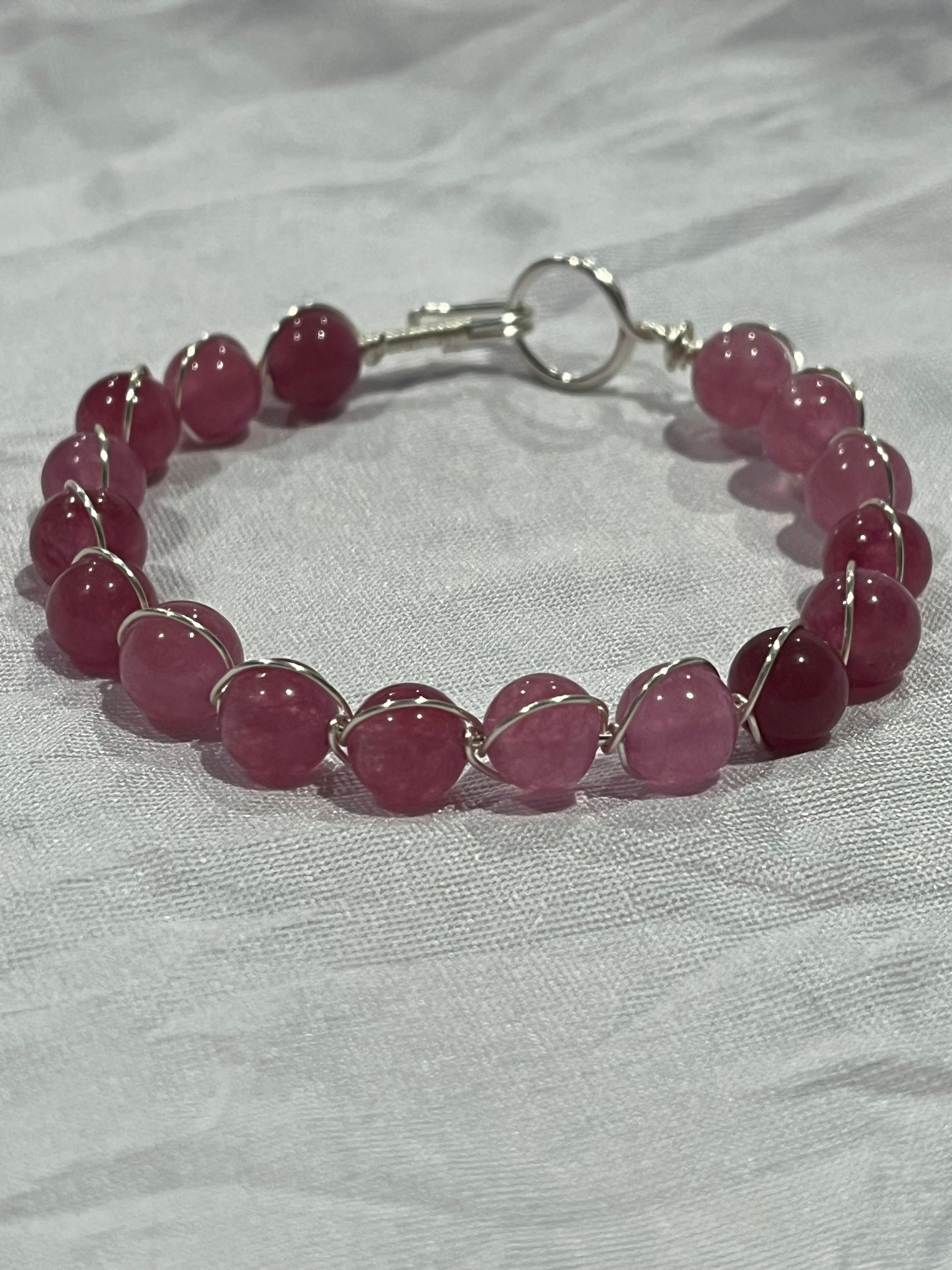 Strawberry Quartz 6.5 inch silver-tone copper wire-wrapped bracelet