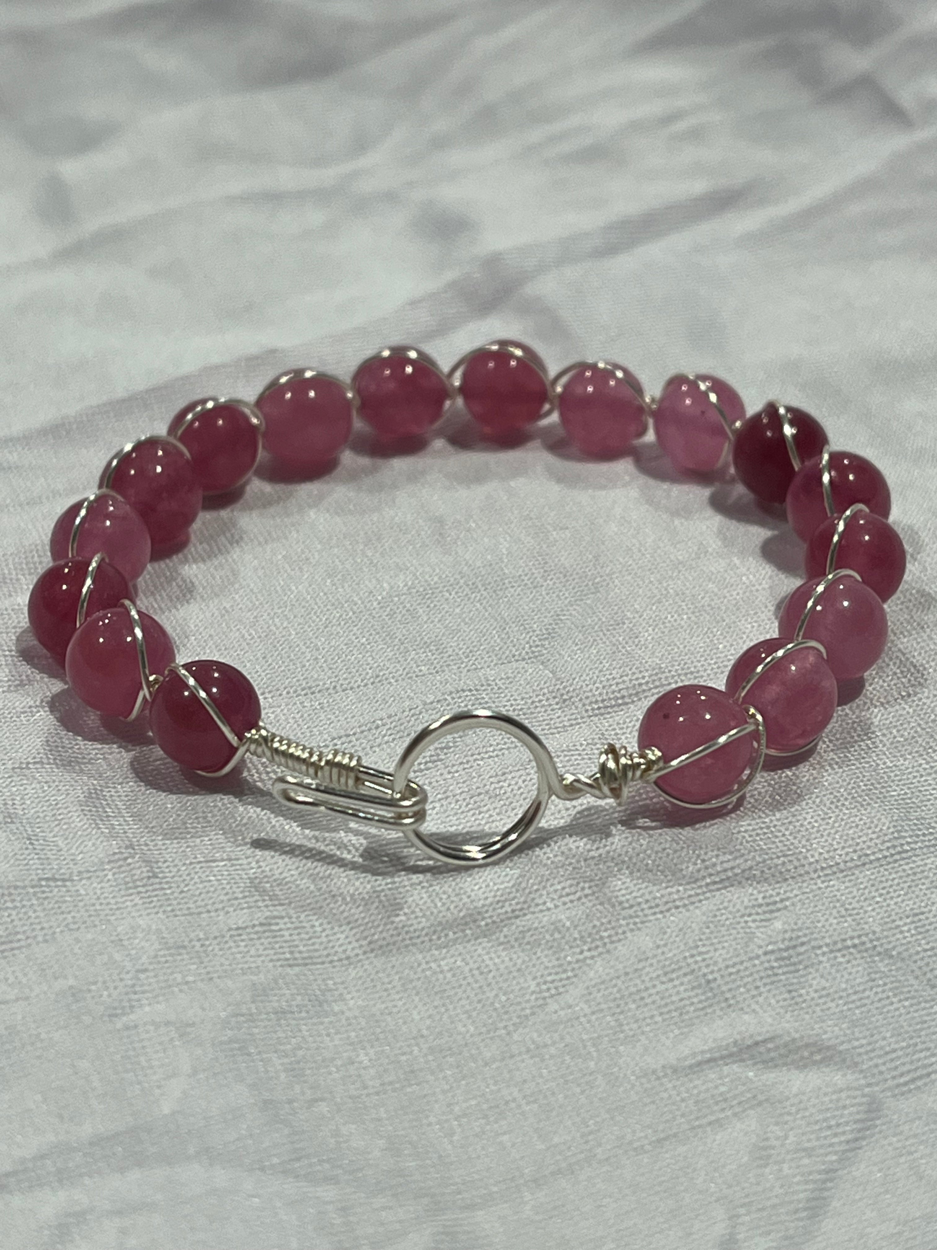 Strawberry Quartz 6.5 inch silver-tone copper wire-wrapped bracelet