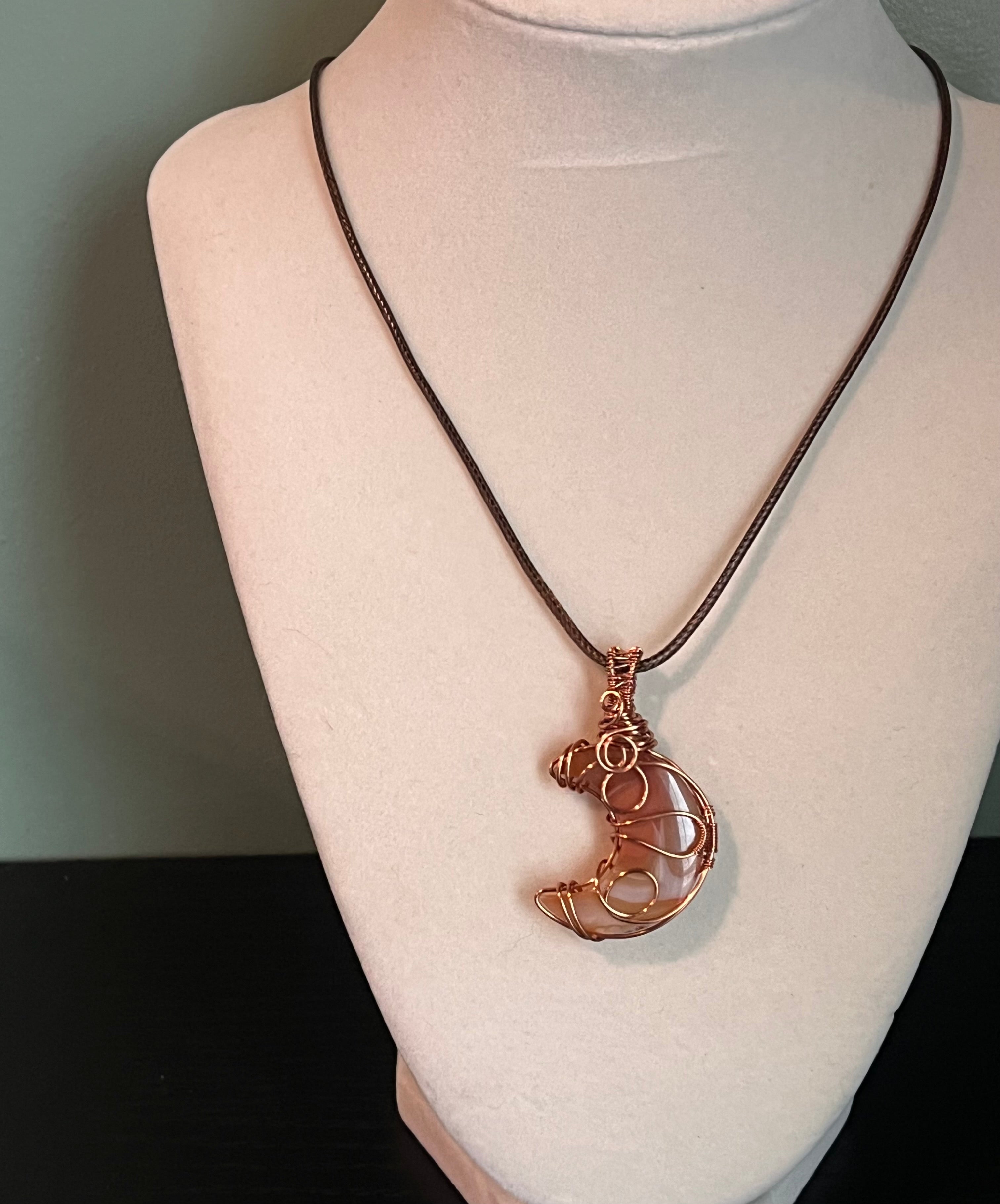 Copper Wrapped Carnelian Agate Moon Pendant
