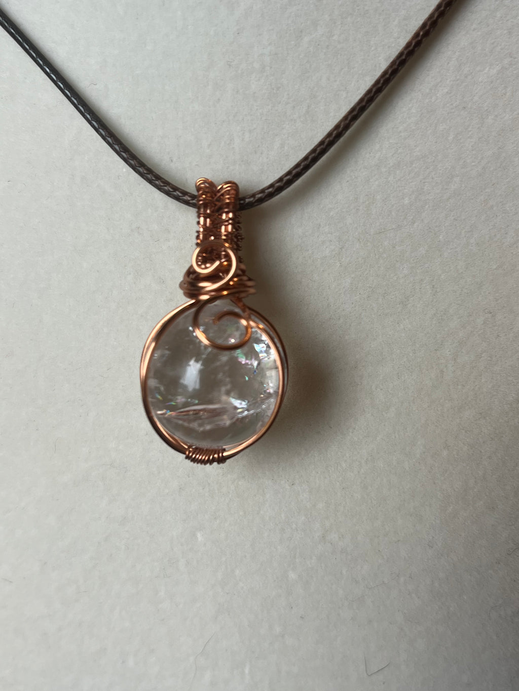 Clear Quartz sphere copper wire-wrapped pendant