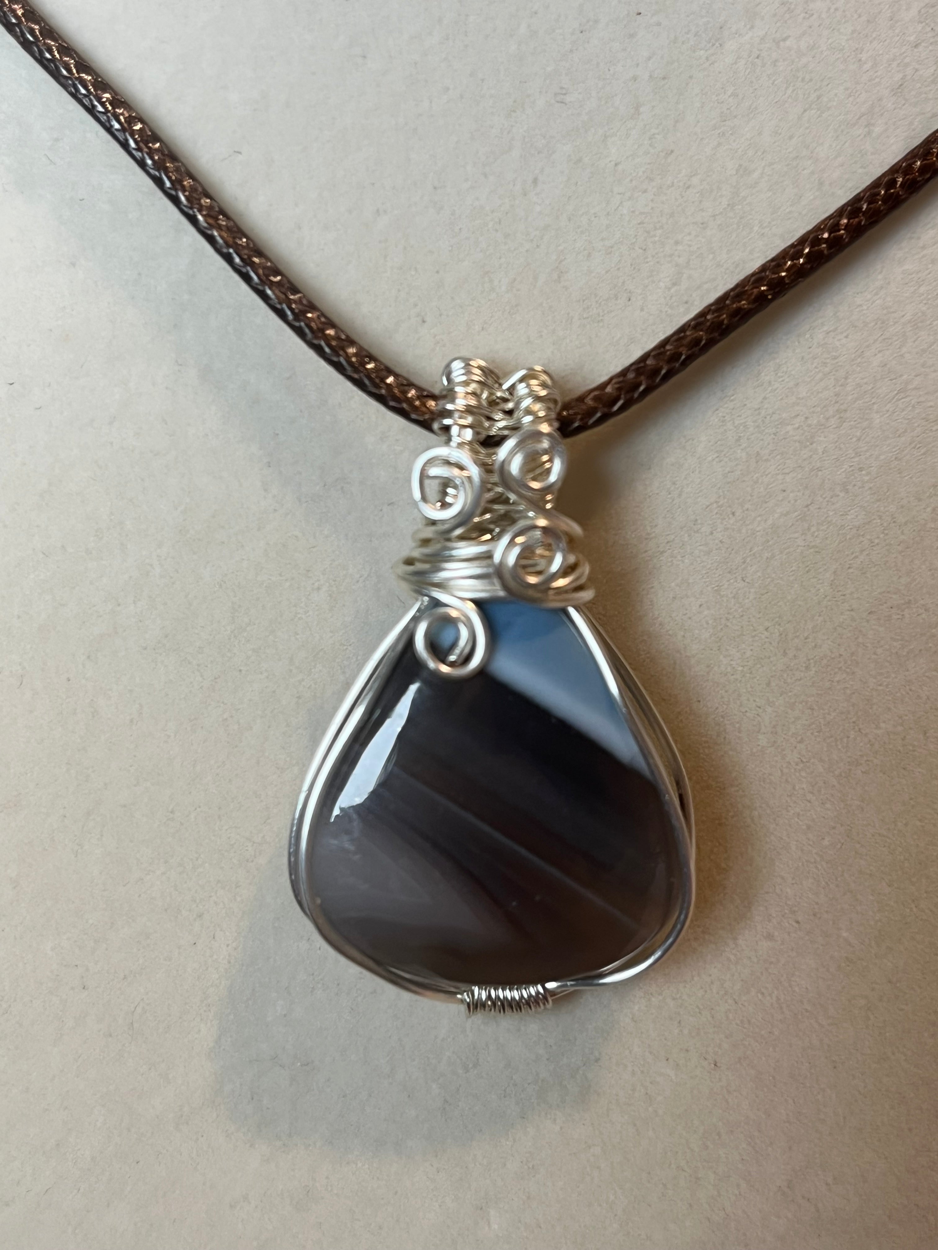 Blue Opal silver-tone copper wire-wrapped pendant