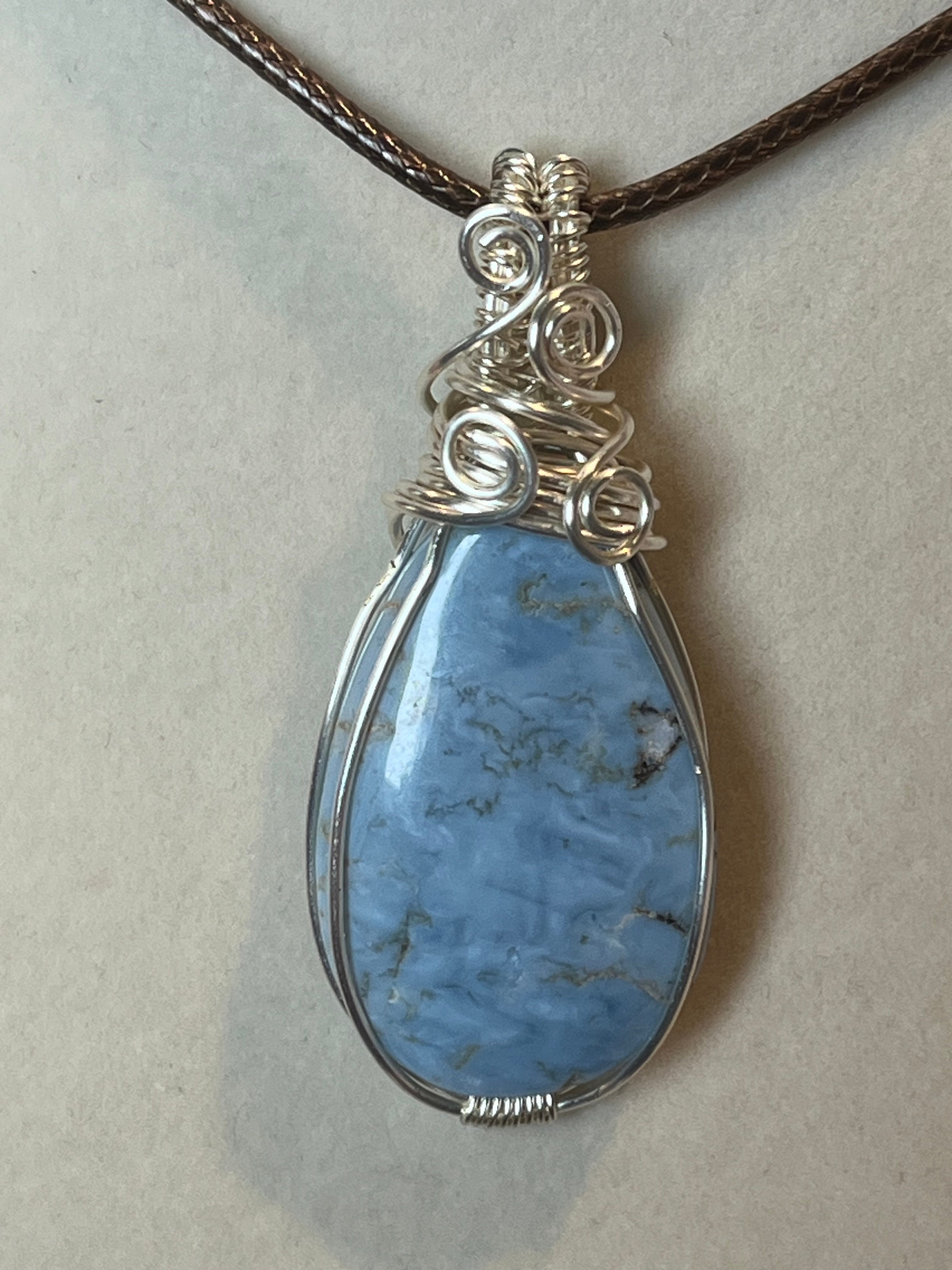 Blue Opal silver-tone coated copper wire-wrapped pendant
