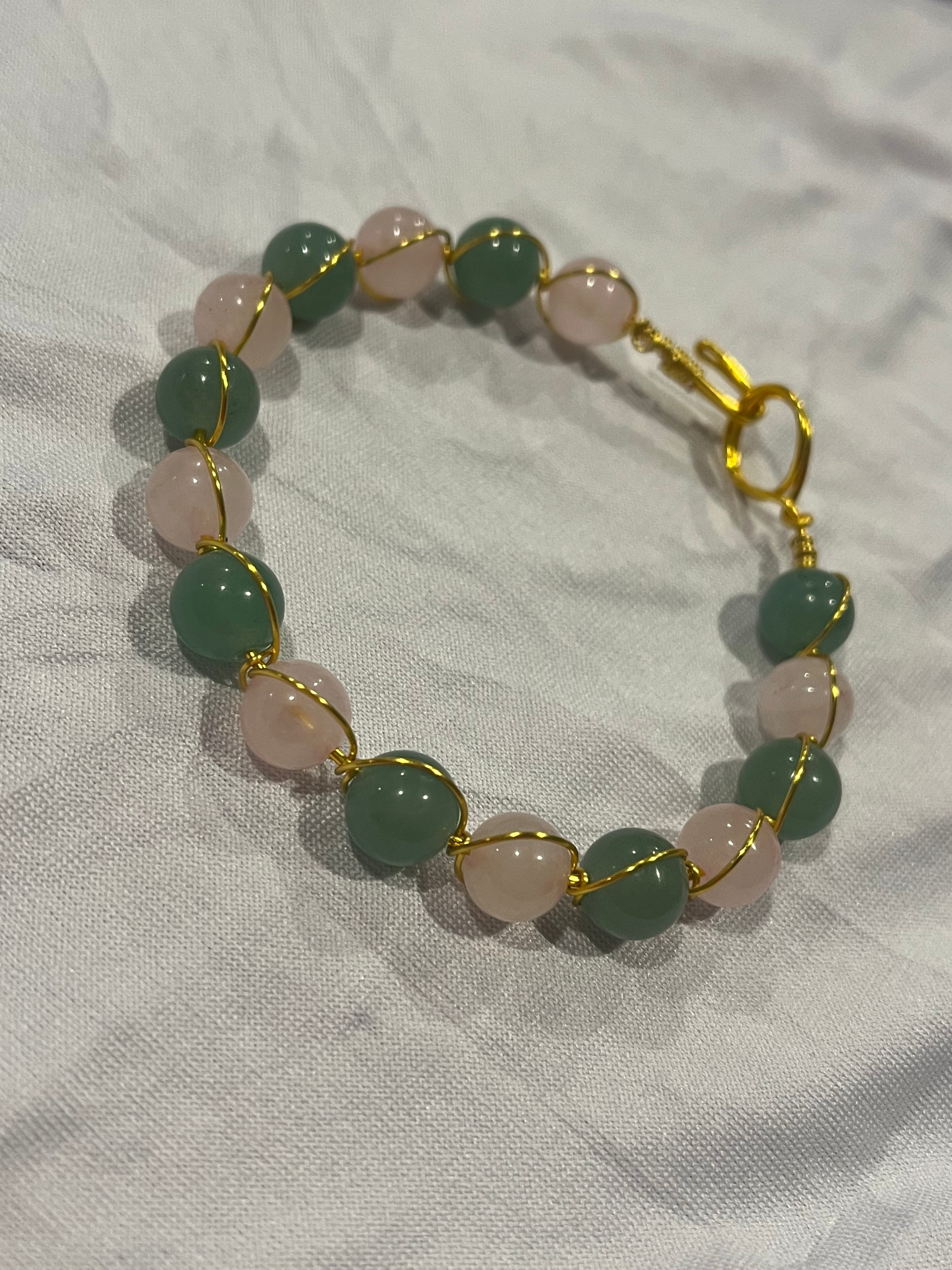 Rose Quartz & Green Aventurine 6.75 inch gold-tone copper wire wrapped bracelet
