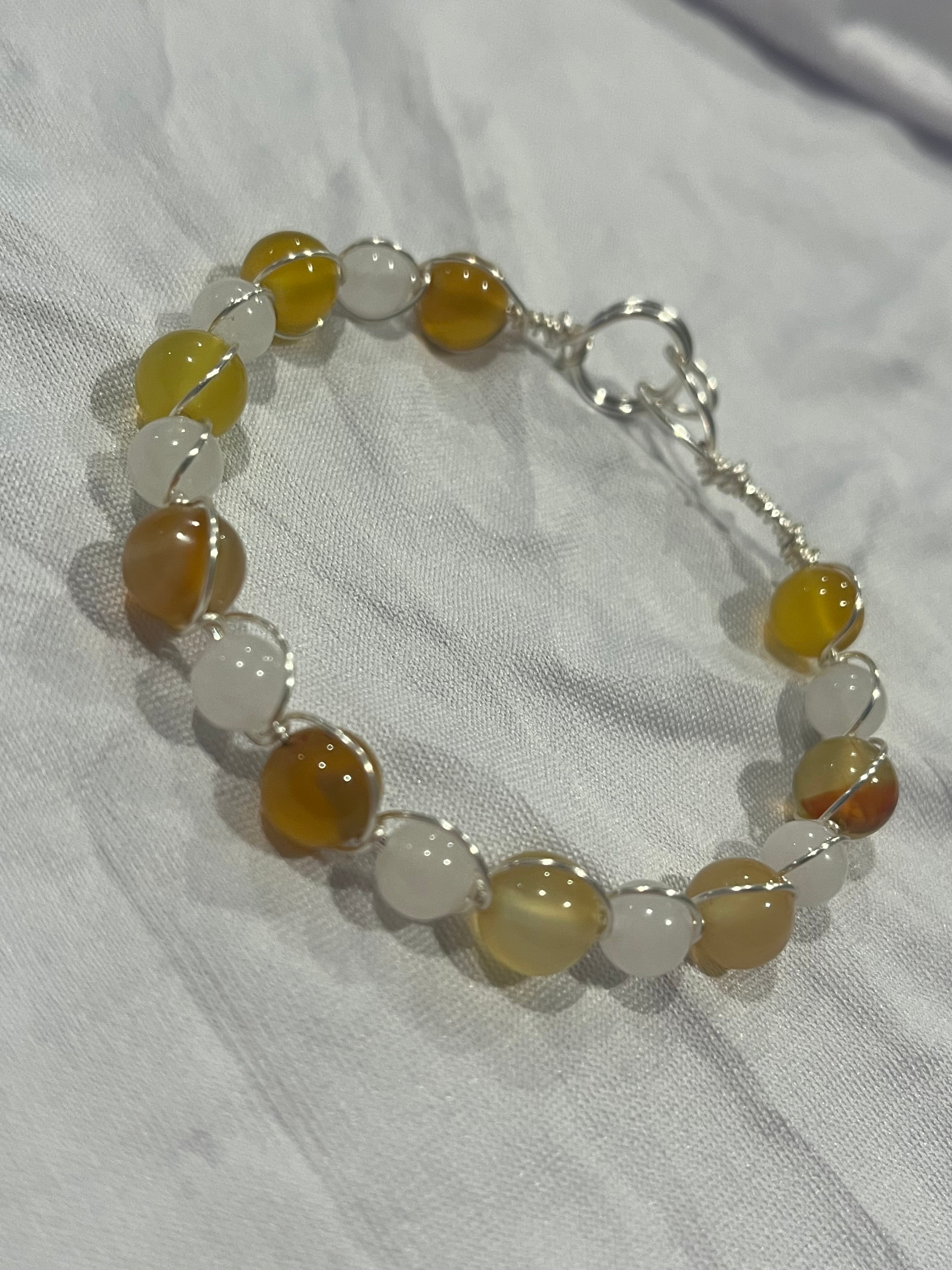 Amber & White Jade 6.5 inch silver-tone copper wire-wrapped bracelet