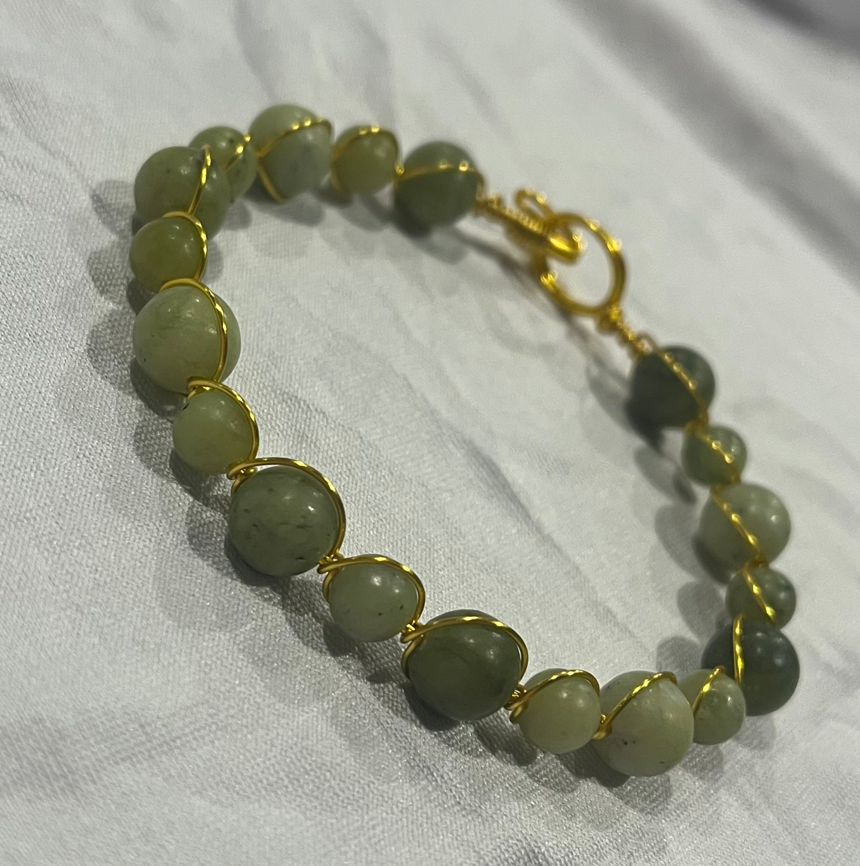 Chinese Jade 6.75 inch gold-tone copper wire wrapped bracelet