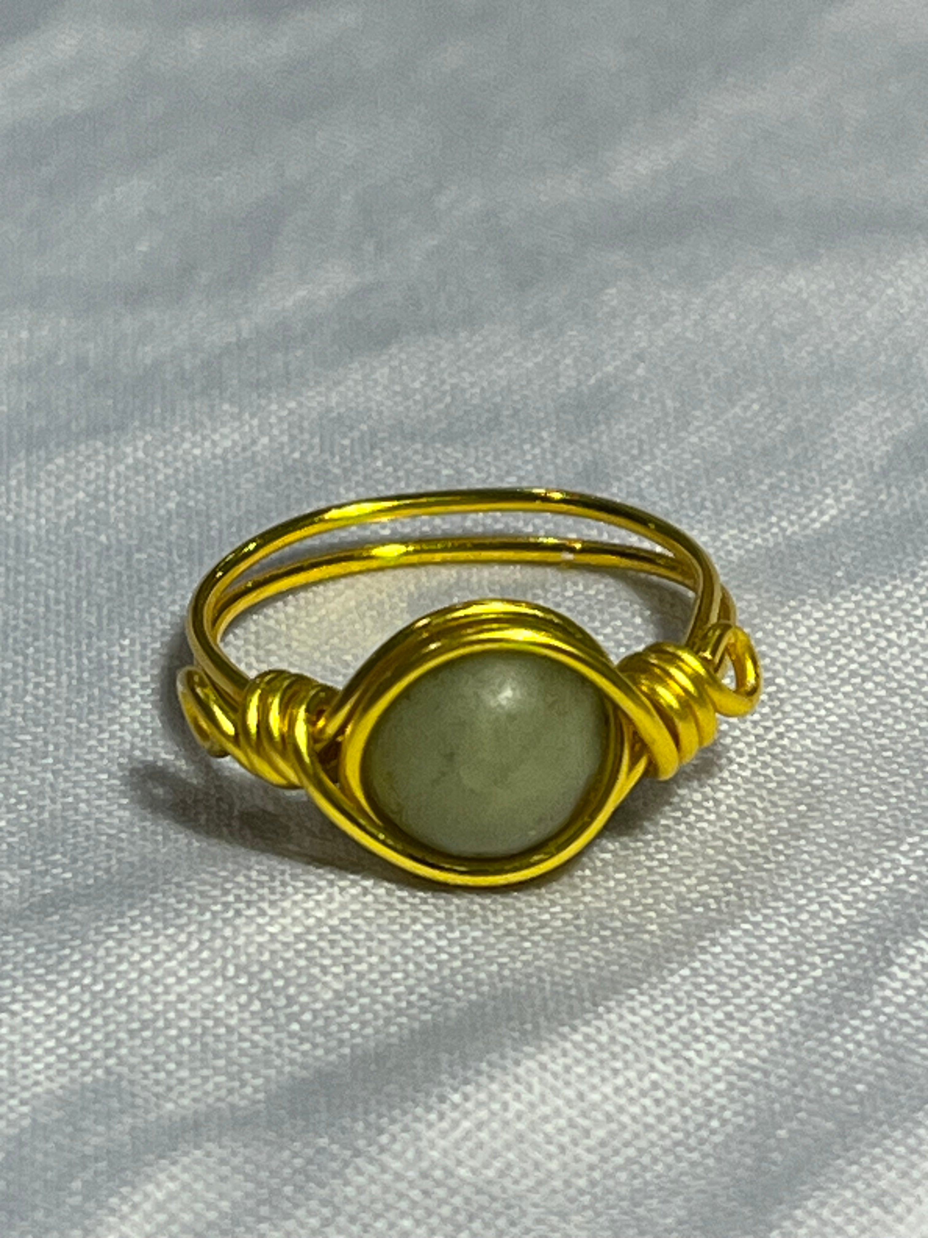 Chinese Jade size 7 gold-tone copper wire-wrapped ring