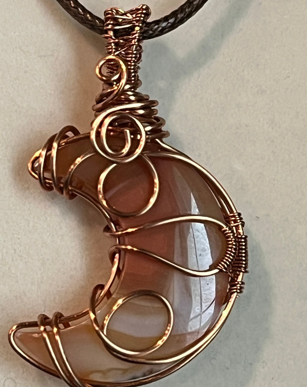 Copper Wrapped Carnelian Agate Moon Pendant