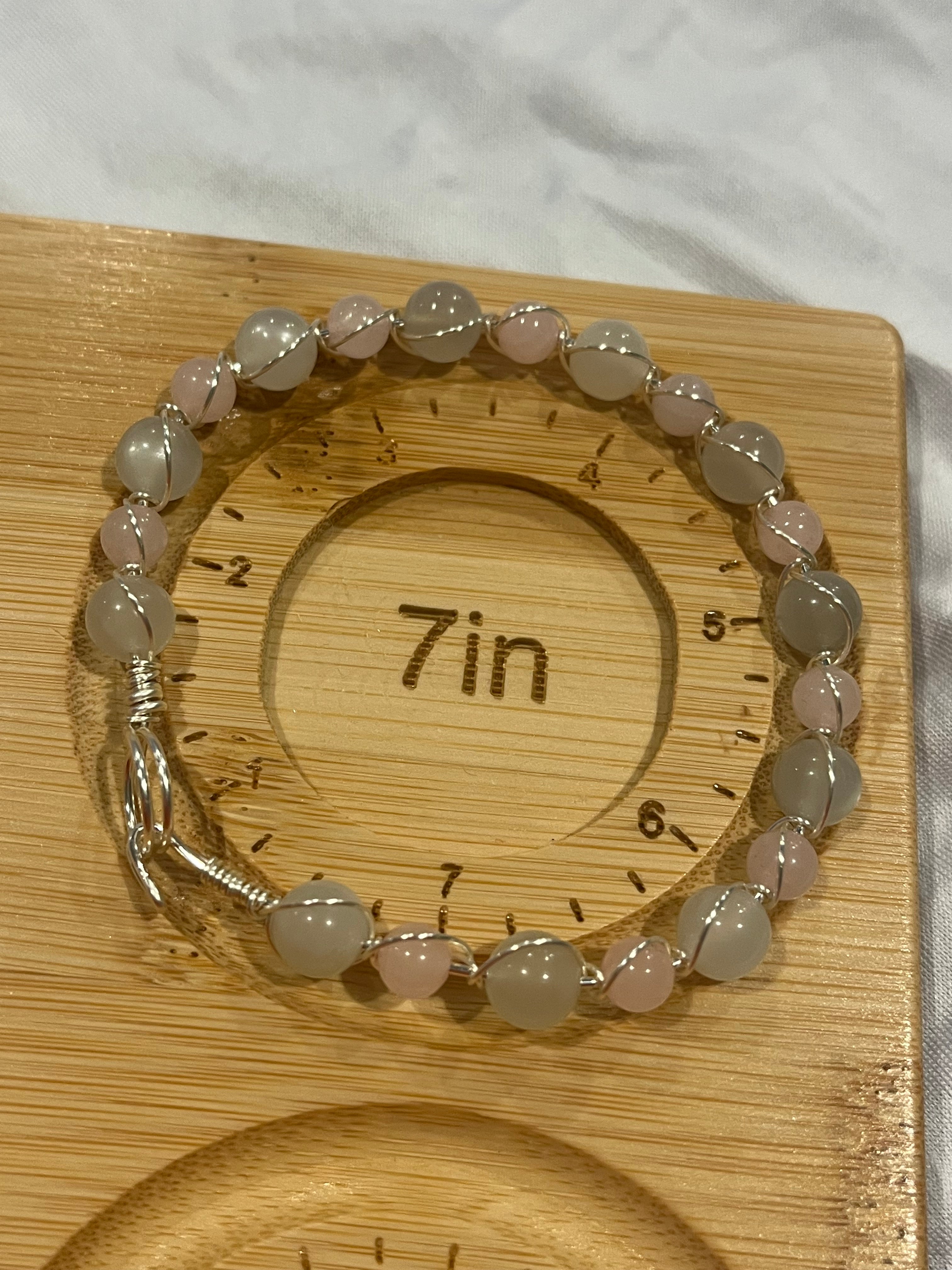 Moonstone & Rose Quartz 7 inch silver-tone copper wire-wrapped bracelet