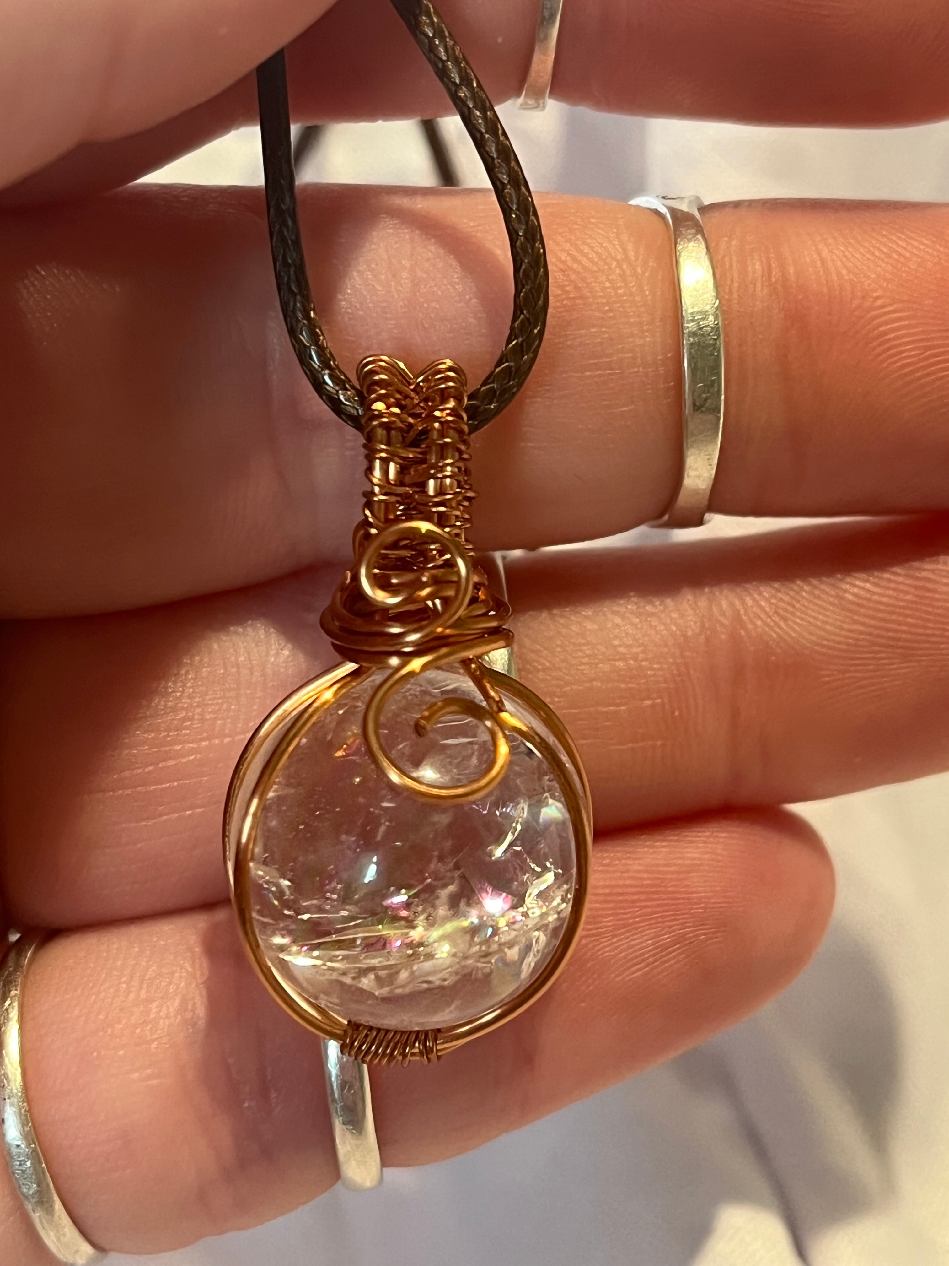 Clear Quartz sphere copper wire-wrapped pendant