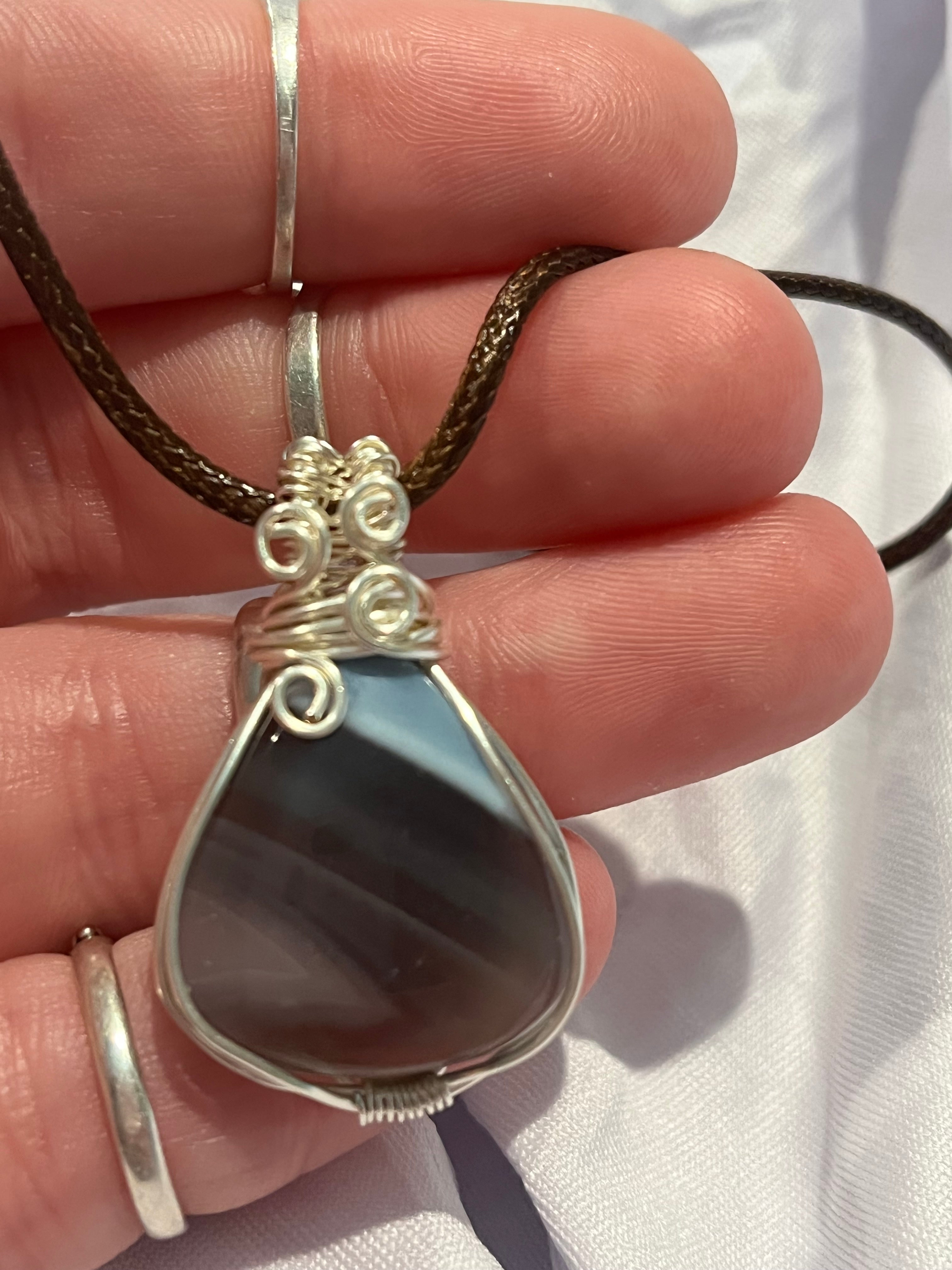 Blue Opal silver-tone copper wire-wrapped pendant