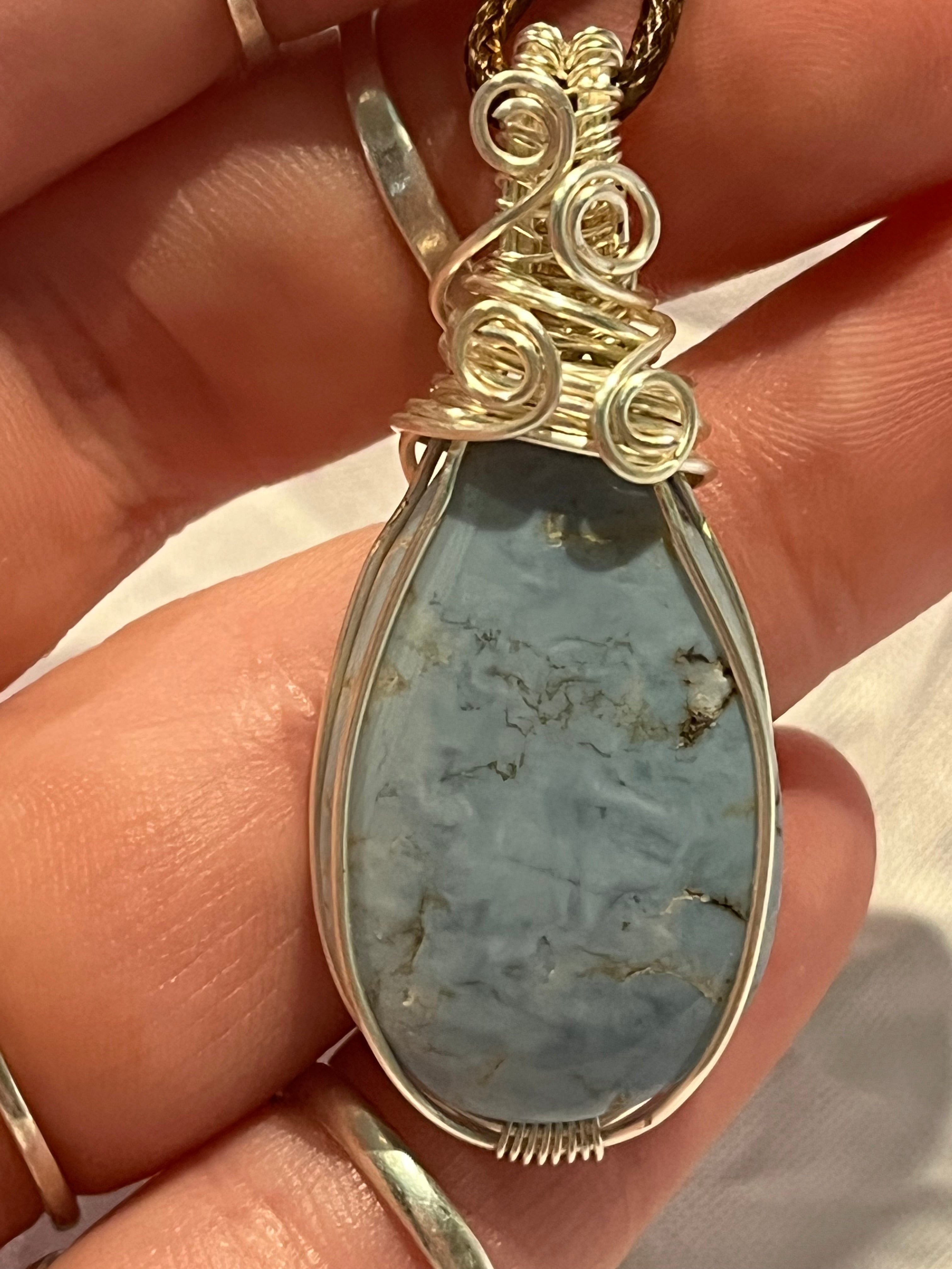 Blue Opal silver-tone coated copper wire-wrapped pendant