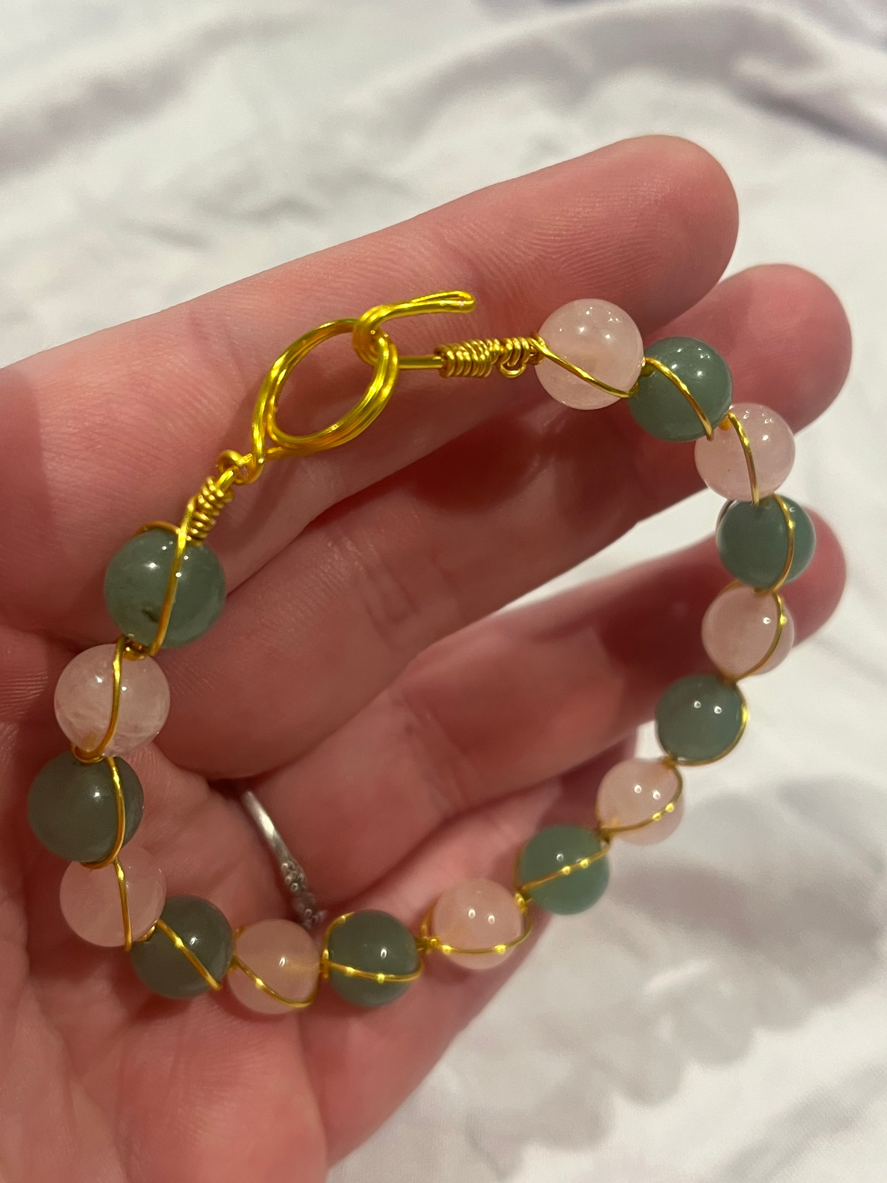 Rose Quartz & Green Aventurine 6.75 inch gold-tone copper wire wrapped bracelet