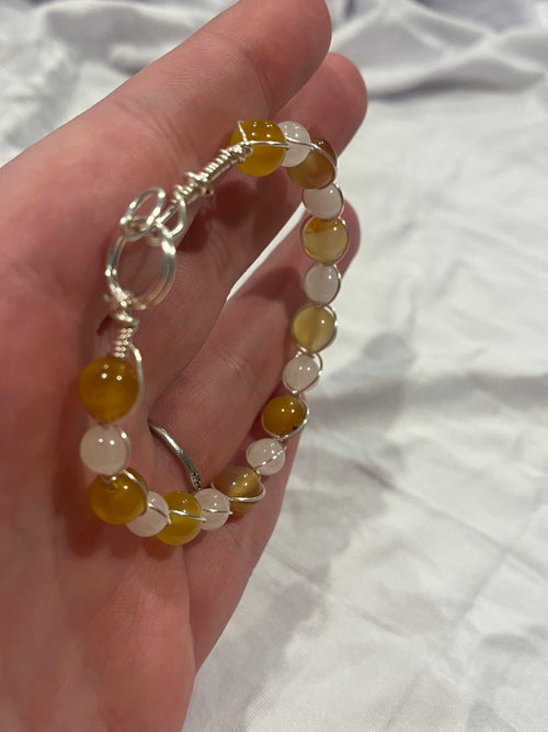 Amber & White Jade 6.5 inch silver-tone copper wire-wrapped bracelet