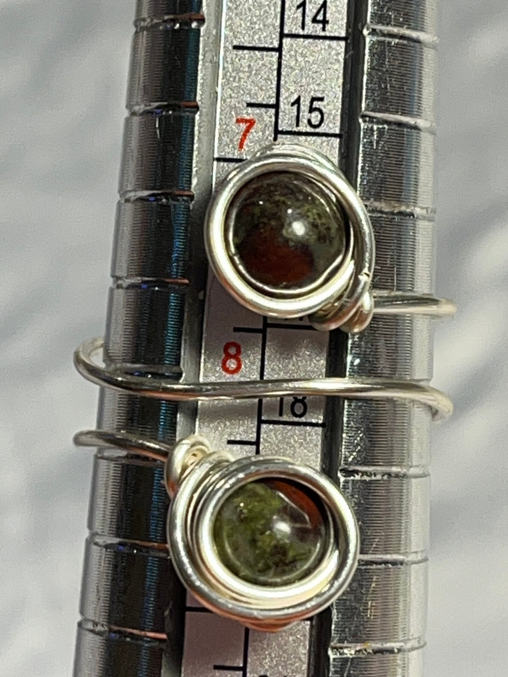 Double Dragon Stone size 8 silver-tone copper wire-wrapped ring